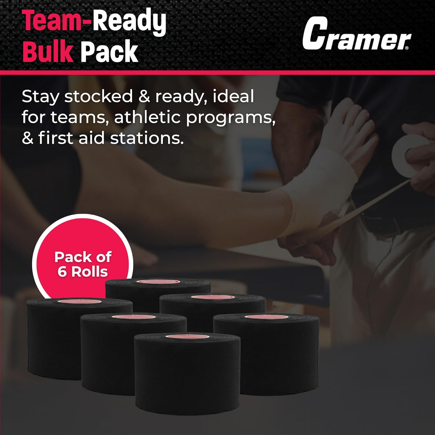 Cramer Athletic Tape 6 Pack, 1.5" x 10 Yards Black, Easy Tear Sports Tape for Ankle, Wrist & Knee, Latex-Free Adhesive, Strong Support, Athletic Training Tape Roll