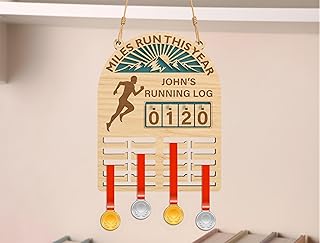 Personalized Running Medal Holder and Miles Tracker - Custom Wooden Run Log Board - Miles Run This Year Counter Display - Marathon Medal Display & Runner Gift - Shoe Shelf Decor