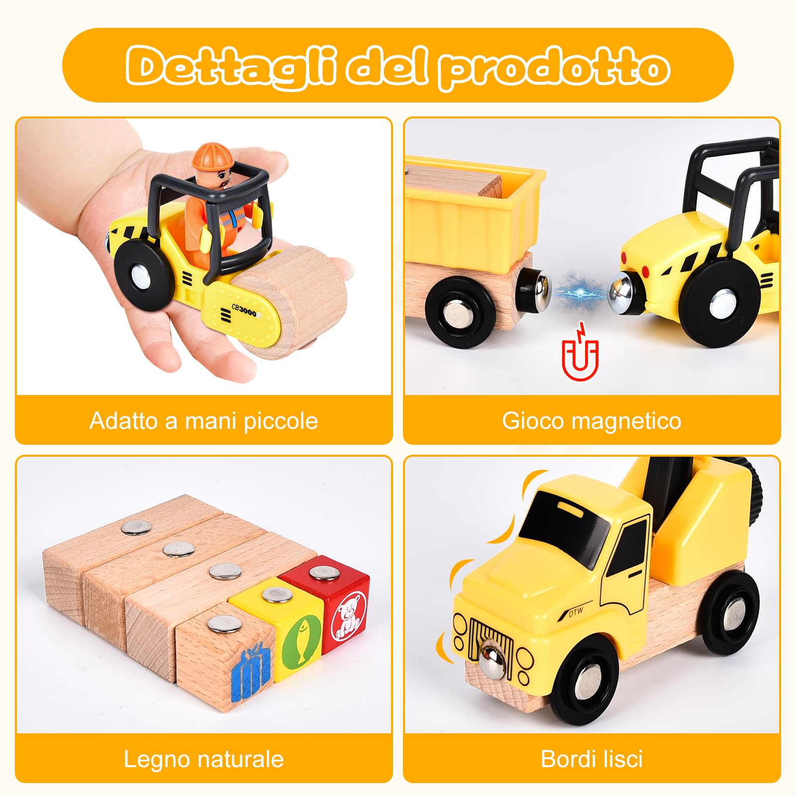 Buzzoxerex Veicolo da Cantiere in Legno per Bambini, Magnetico Veicoli Gru Giocattolo con Gru a Cavalletto, Rullo compressore, Carro Attrezzi, Veicoli da Costruzione Regalo Bimbo dai 3 anni