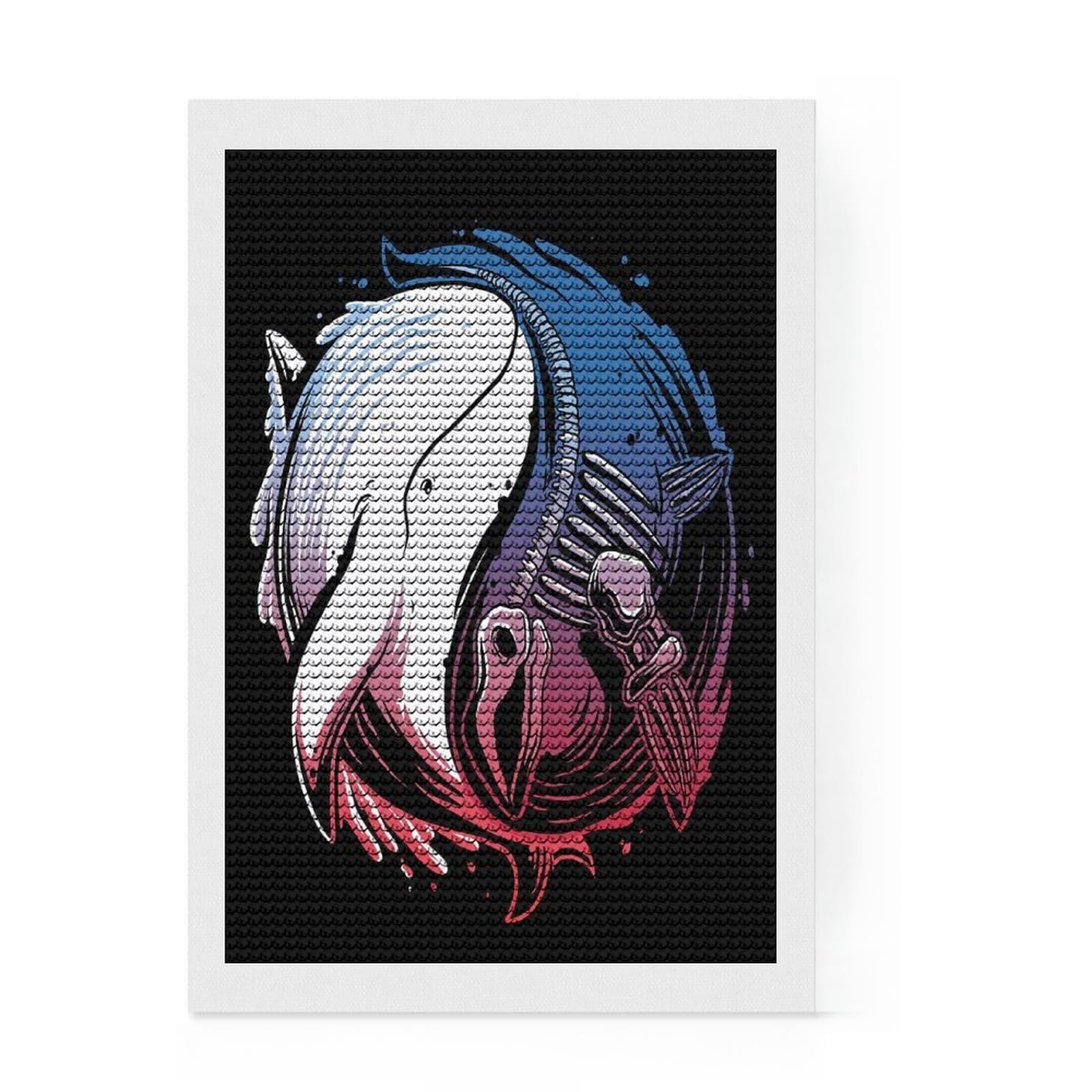 Junmoney Whale Yin Yang Skeleton Full Drill Diamond Painting Kit 8"x12", Adhesive Canvas, Aesthetic Room Decor, for Family Craft Time, Birthday Gift