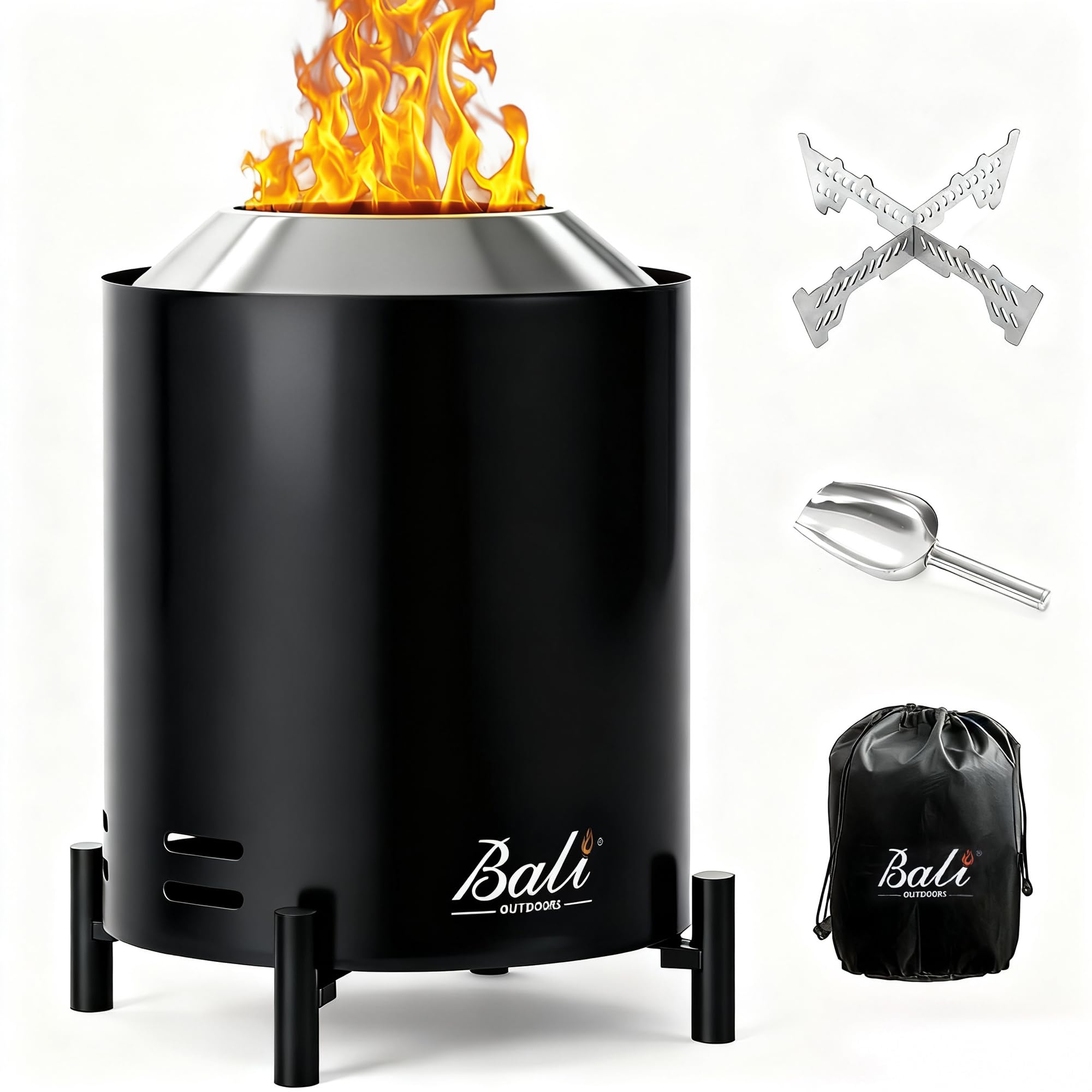 BALI OUTDOORS Smokeless Tabletop Fire Pit, Portable Black Fire Pits for Wood or Pellets, with Stove Rack and Storage Bag for Garden, Patio, Camping and Campervan