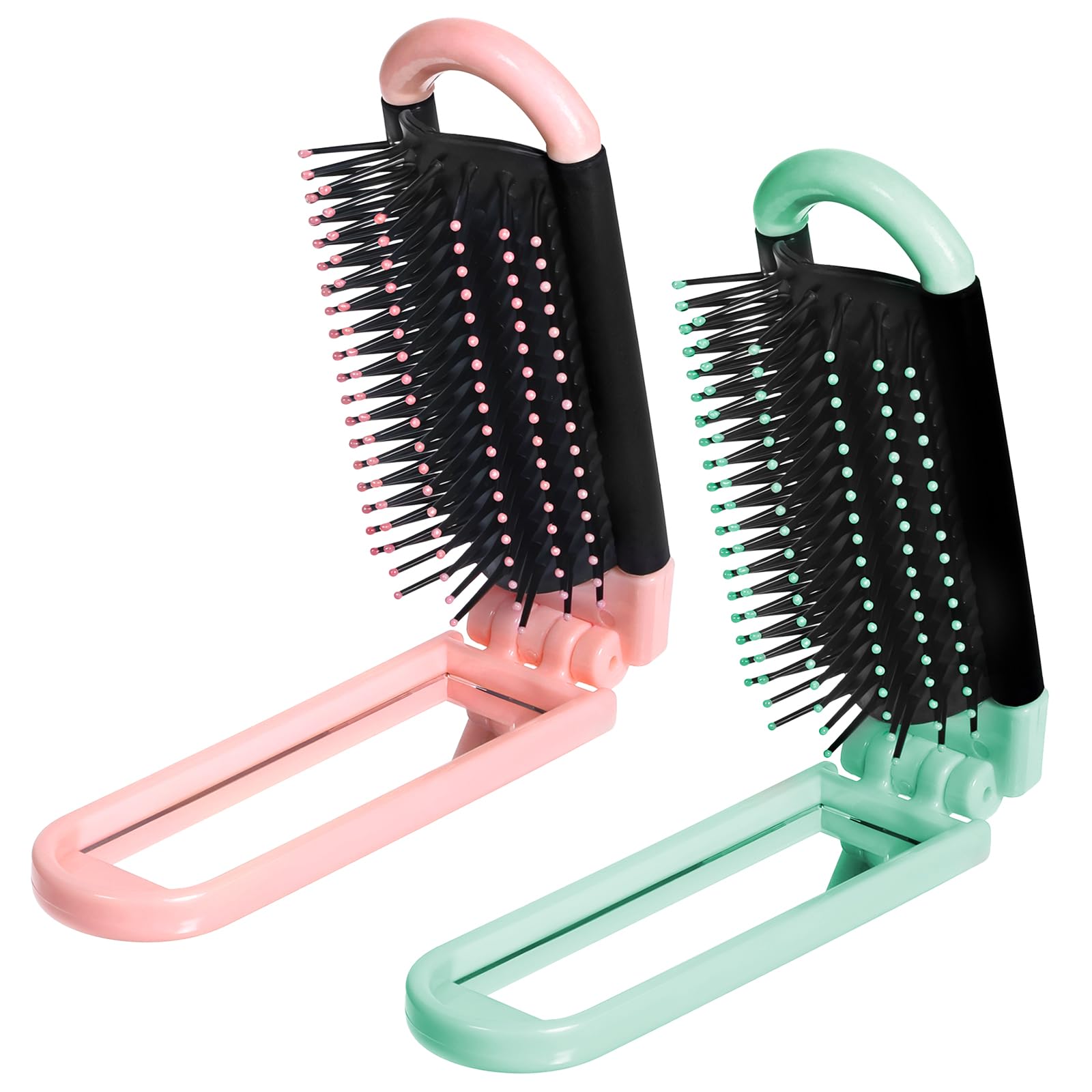 2 Pack Travel Foldable Hair Brush with Mirror for Women Men, Portable Travel Brush Folding Hair Brushes Mini Hairs Comb Compact Massage Comb Hairs