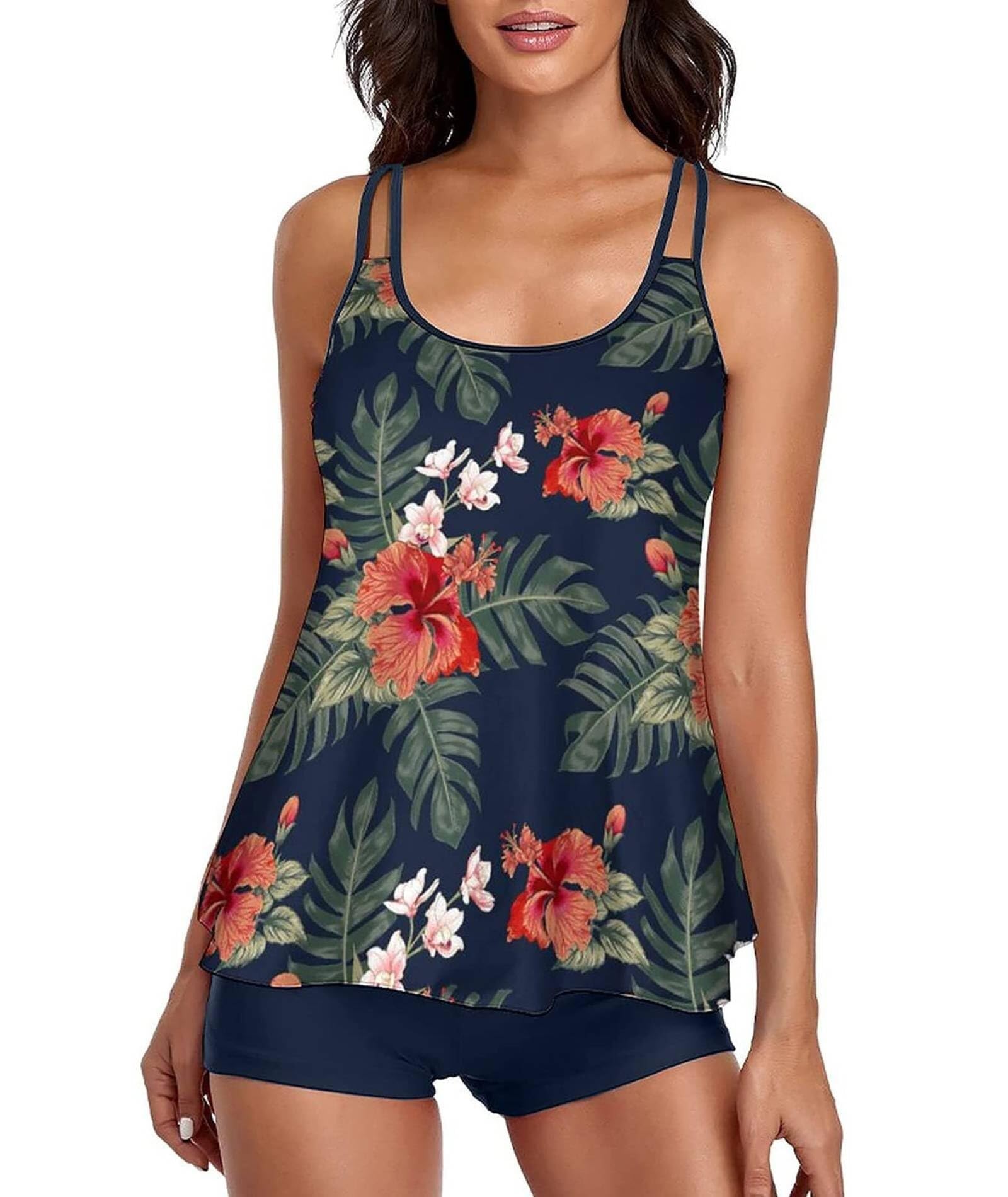 Lockenstab Tankini Women's Tummy Control Swimwear Set Leisure Swimsuit Tankinis Two Piece Sets Summer Elegant Swimsuits for Women Top with Swimming Shorts, A Navy, L