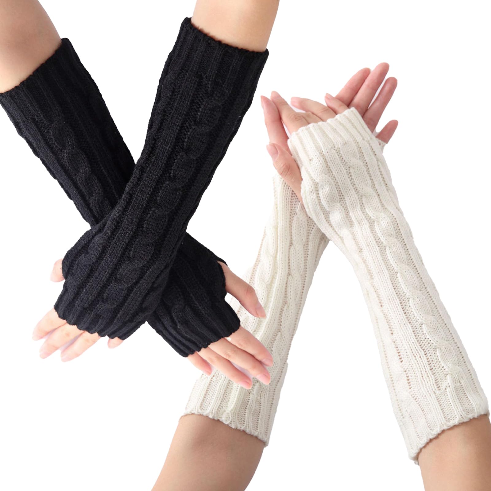 2 Pairs Long Arm Warmers, Fingerless Gloves for Women and Men - Autumn Winter Knitted Sleeve Hand Warmer for Adults