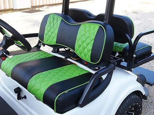 Vista 76 de Huskey - 2 fundas de asiento delantero para carrito de golf EZGO Medalist/TXT 94-13, costuras de diamante negro y azul de dos tonos con ribete azul