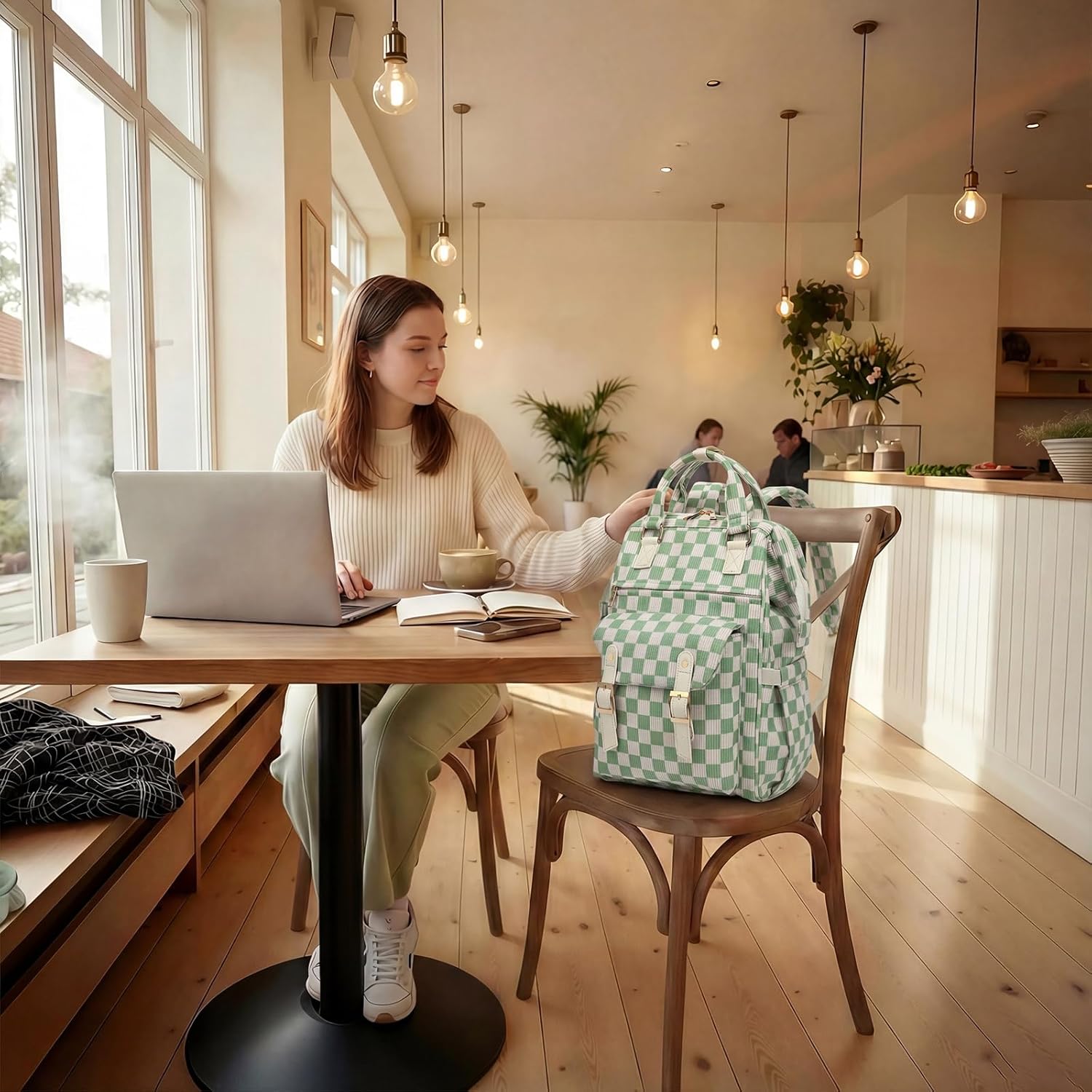 Corduroy Laptop Backpack for Women 15.6 Inch Stylish College School Bookbag, Business Work & Travel Computer Backpacks (Checkered Green) - Image 8