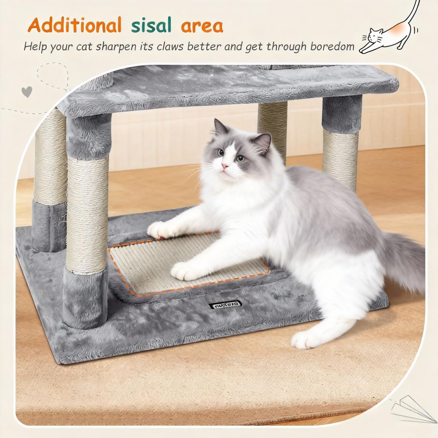 Nobleza Tiragraffi per Gatti Adulti148 cm, Tiragraffi con Amaca, 9 Pali Sisal, 2 Piattaforme, Pompon e Cuscino, Gioco per Gatti Adulti, Grigio