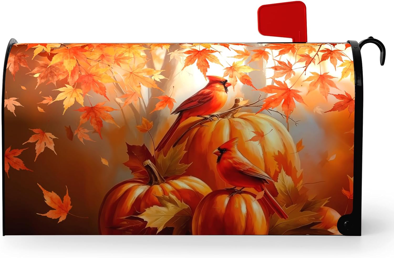 Fall Cardinal Mailbox Cover Magnetic Autumn Pumpkin and Maple Leaves Cardinal Mail Box Cover Waterproof Harvest Rustic Red Cardinal Bird Mailbox Wrap for Thanksgiving Standard Size 21x18 Inch