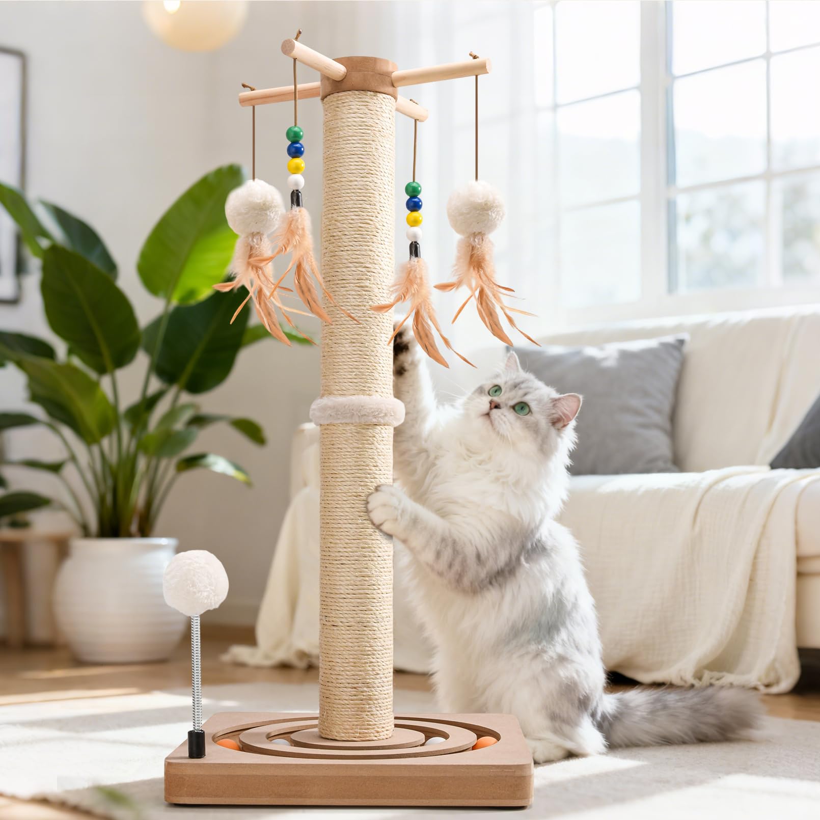LIFLIX Kratzstamm für Katzen,Sisal Kratzbaum Klein mit Hänge- und Trackbällen, Katzen Kratzmöbel