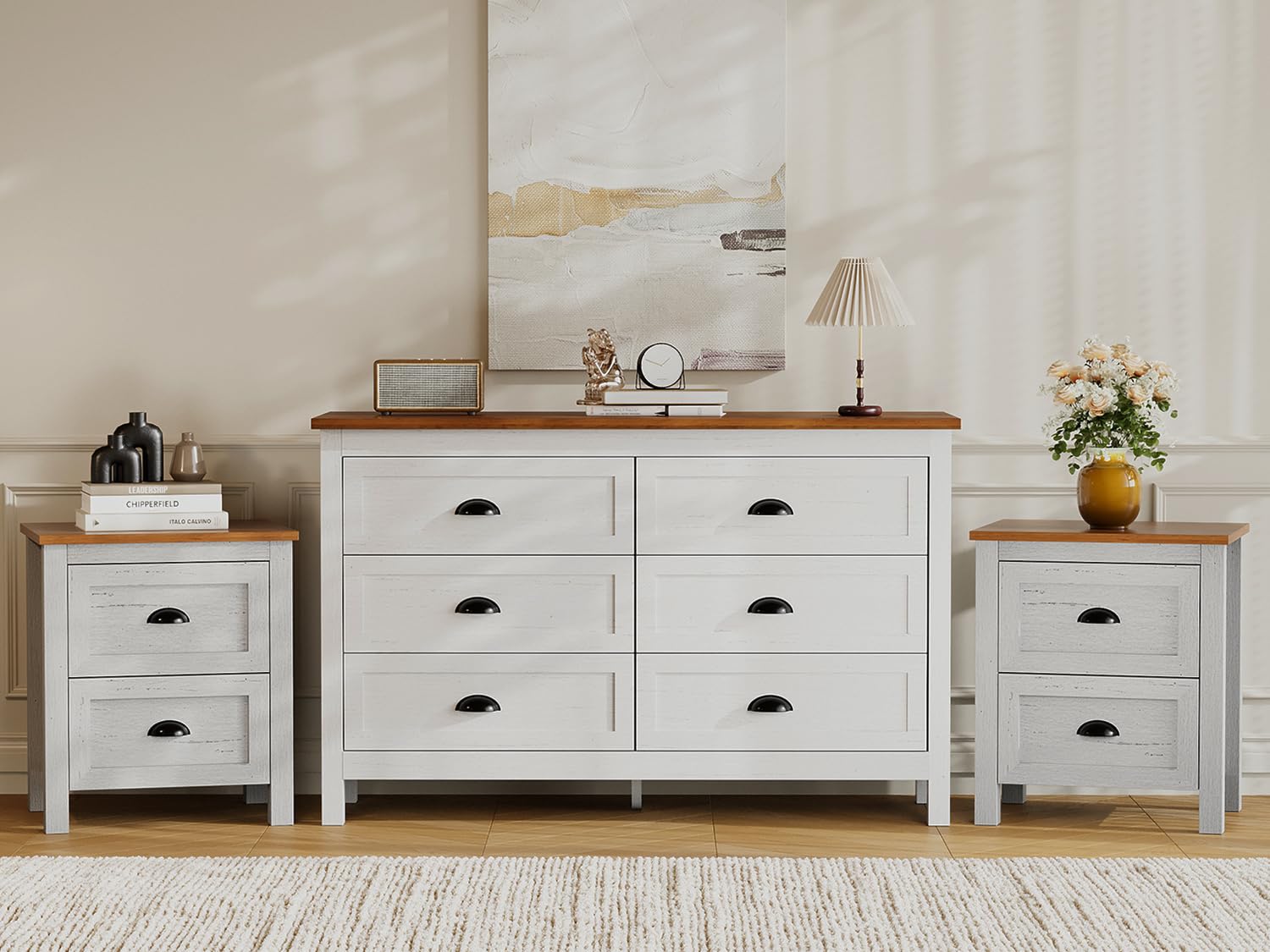 SINROM White Dresser Bedroom Set, 6 Drawer Dresser and 2 Drawer Nightstands