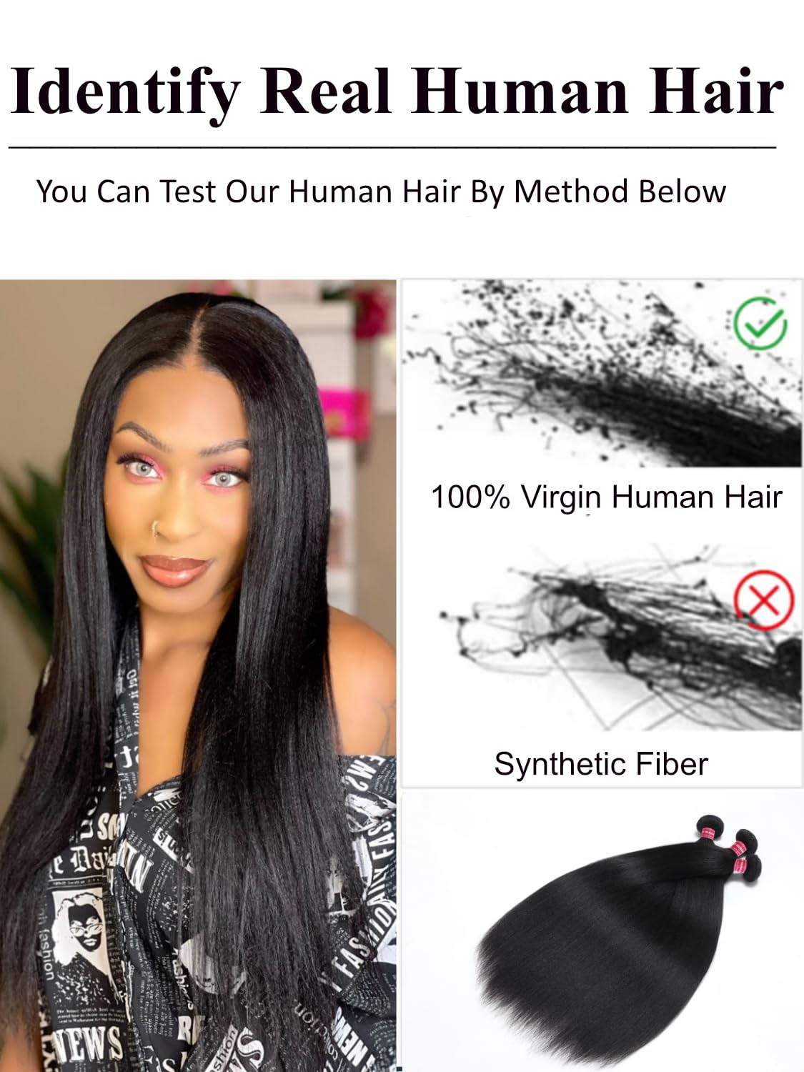 KLAIYI Yaki Straight Bundles Human Hair Weaves Unprocessed Real Virgin Hair Sew In Extensions One Bundle Of 16Inch, 12A Kinky Straight Double Wefts for Women Cllip In Light Yaki Natural Black Color