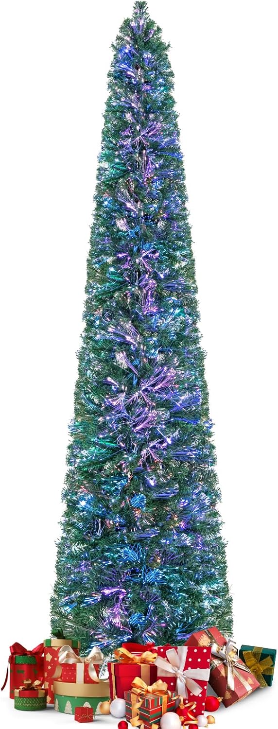HOMGX 8FT Fiber Optic Slim Christmas Tree, Prelit Pencil