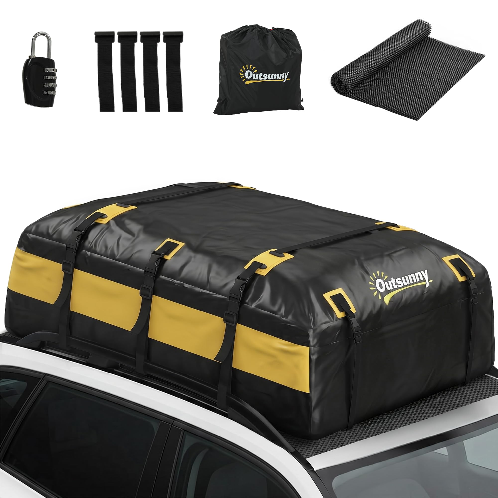Outsunny Portabagagli da Tetto 595 Litri Impermeabile, Borsa da Tetto Auto con 6 Cinghie Rinforzate, Tappetino Antiscivolo e Ganci per Portiere, Adatto a Tutti i Veicoli con o senza Barre, Giallo