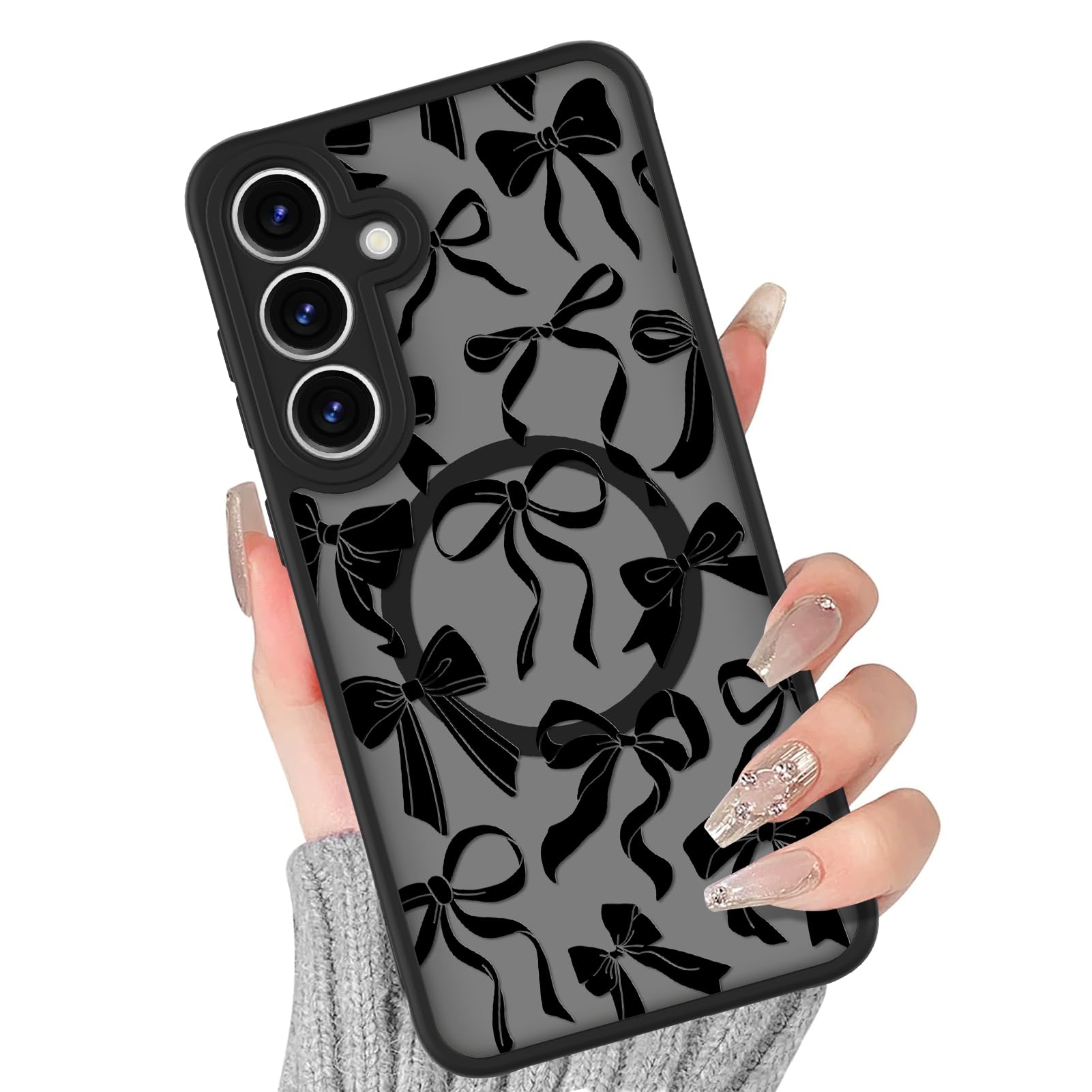 BITOBE Case Fit for Samsung Galaxy S24 Plus [Wireless Charging Compatible] Black Ribbon Bow Design Translucent Phone Cover Soft TPU Bumper Hard PC