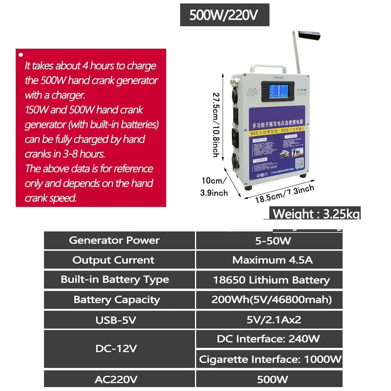 Generador portátil de 500 W con manivela,estación de energía portátil de 220 V CC,cargador con manivela,para emergencias por huracanes,campamentos al aire libre,vehículos recreativos y uso doméstico