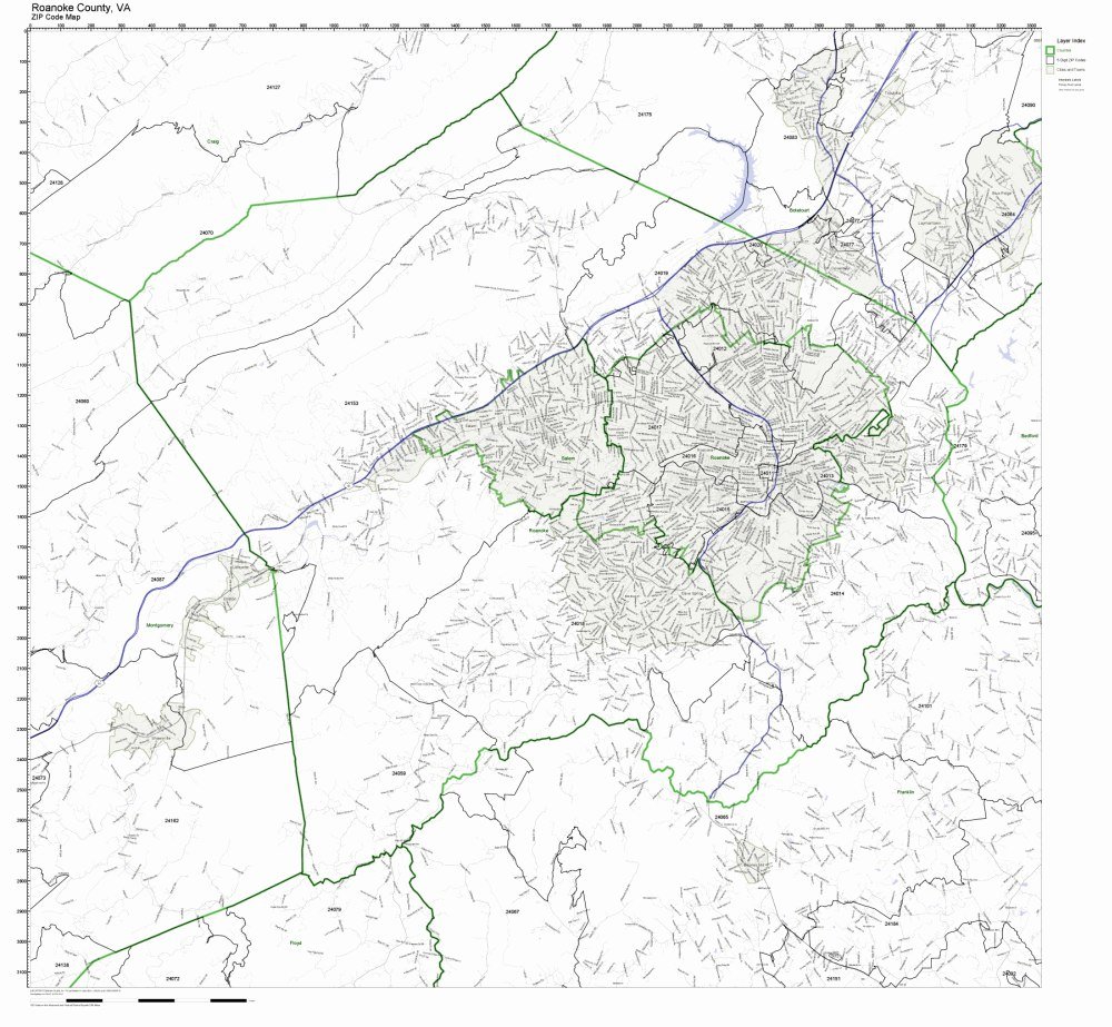 Roanoke County, Virginia VA ZIP Code Map Not Laminated