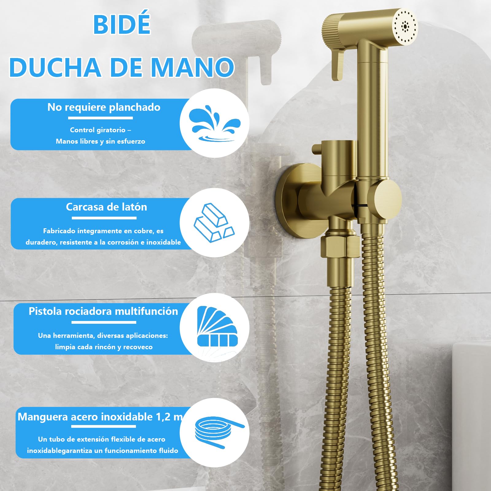 Oro Cepillado Kit de Rociador de Mano para Inodoro, 2 Modos Ducha Bidet para Inodoro, Latón Rociador de Bidé Montado en Pared para Inodoro con Manguera de 1.2m y Soporte, para Higienico Personal