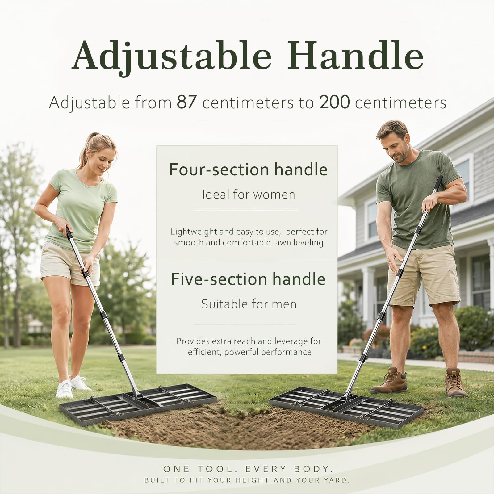 Rastrillo Nivelador Tierra Plegable para Cesped, 76x25cm | Mango de Acero Inoxidable Ajustable 87-200cm, Herramientas de Nivelación Jardin para Alisado de Arena, Grava y Suelo