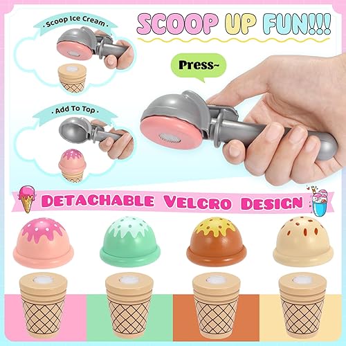 Miniatura 3 de INNOCHEER Juguete de helado, juego de helado de madera, juguetes de cocina de juego de simulación, juguetes de helado para niños pequeños, tienda de