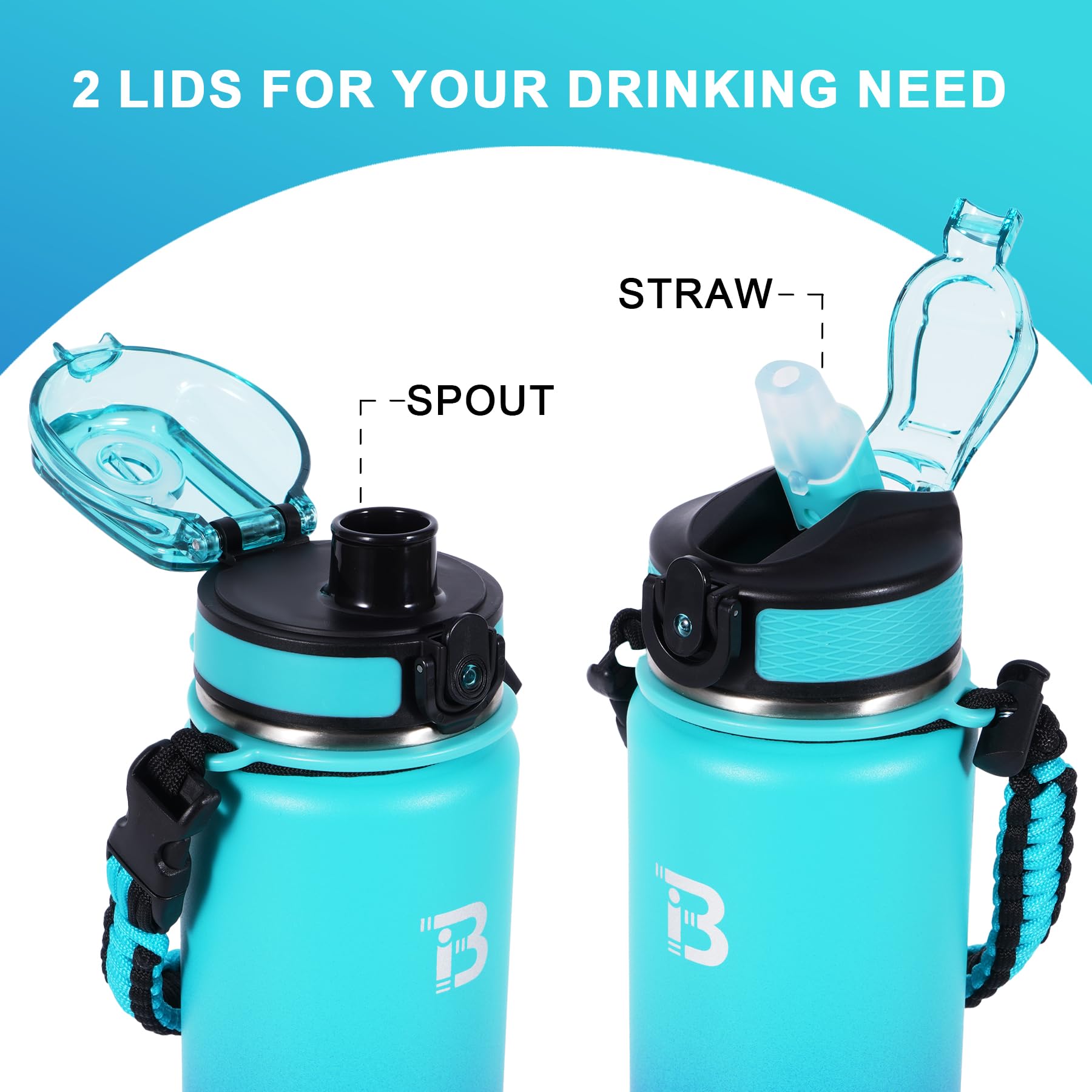 TOPBADE 1000 ml Borraccia Termica con 2 Coperchi (Cannuccia & no Cannuccia), 1L Bottiglia Termica con Manico Paracord Senza BPA/Senza Perdite Borracce Acciaio Inox per Scuola, Sport, Palestra