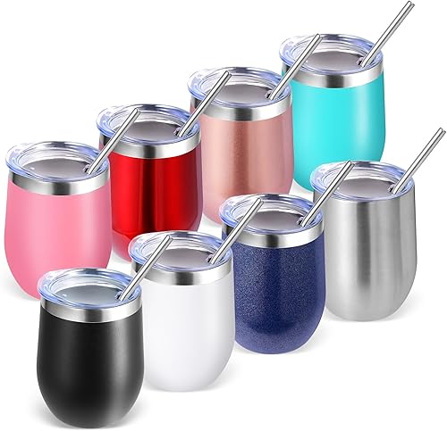 Miniatura 41 de Volhoply - Juego de 12 vasos de vino de 12 onzas con tapa, hechos de acero inoxidable con aislamiento al vacío de doble pared, vasos de vino sin