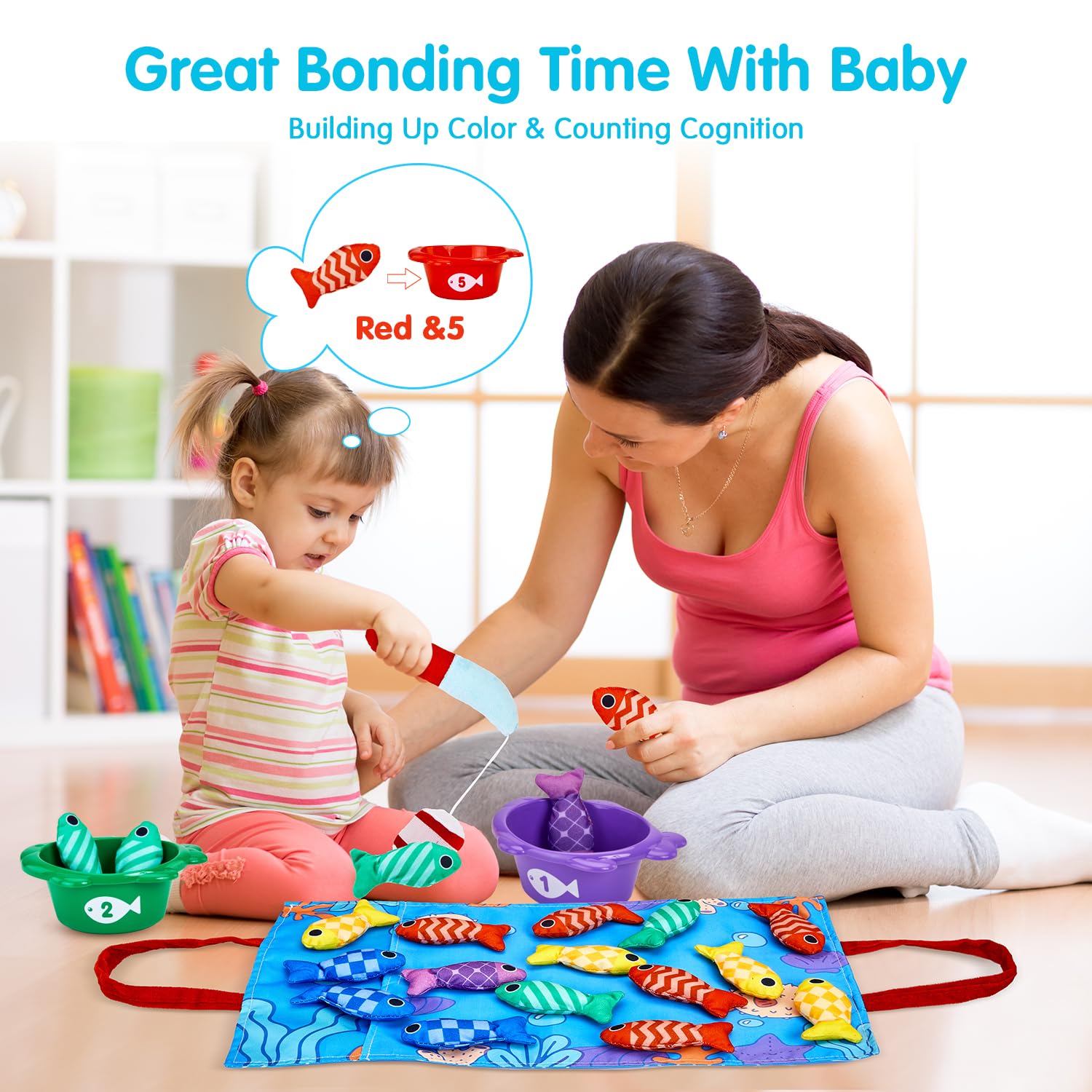 Montessori - Juego de pesca para niños pequeños de 1 a 3 años, regalo de cumpleaños 10 en 1, juego de pesca de tela para niños pequeños de 1 año con tazas apilables, conteo de números 9