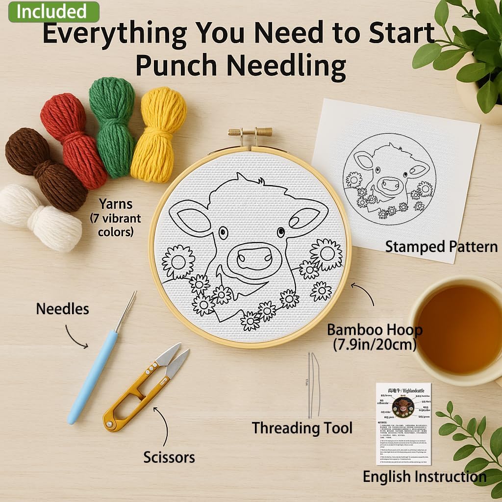 Minlend DIY Punch Needle Kit for Beginners – Highland Cow & Daisies Embroidery Kit with Hoop – Easy Needlework Craft Set for Adults – Festival Gift & Home Decoration (20x20cm)