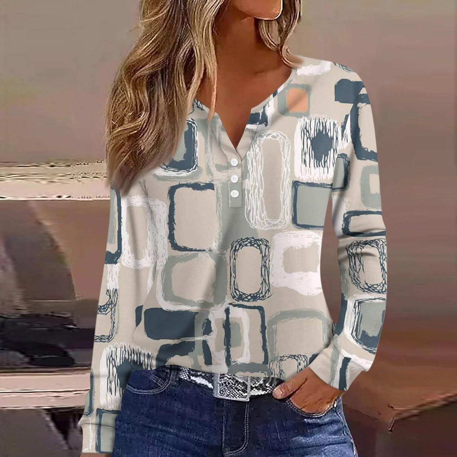 Kenvina Women's T-Shirts Button Down Tunic Tops Long Sleeve Blouse Henley V Neck Fall Clothes Basic Tees Pullover Blouses - Image 2