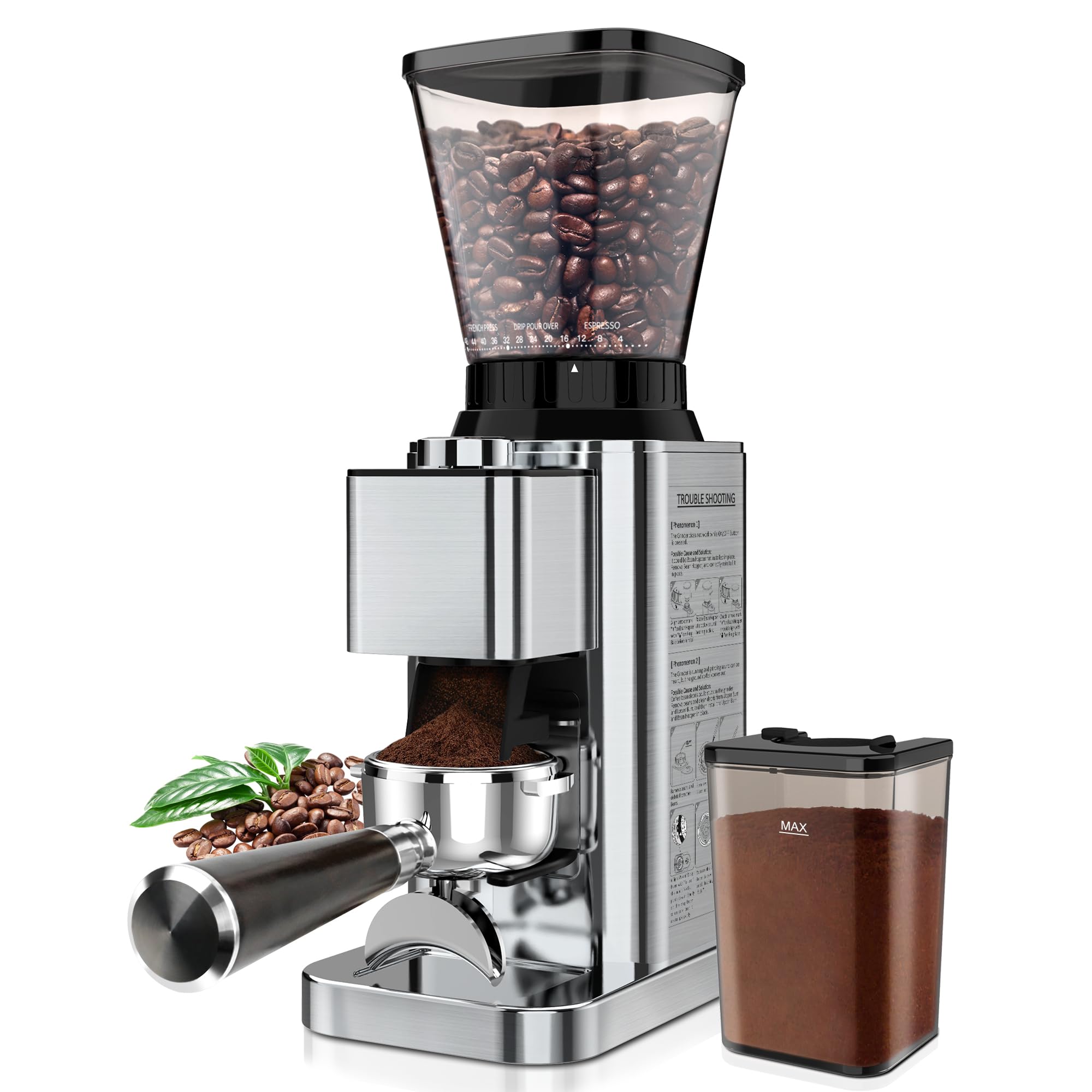 Conical Burr Coffee Grinder Electric, Espresso Coffee Bean Grinder for Home Use Adjustable 48 Grind Settings, 35s Precision Timer, Stainless Steel, Anti-Static for Pour Over/Drip/French Press