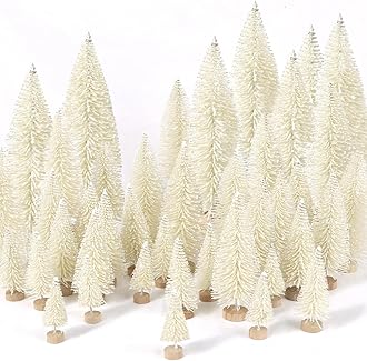 30Pcs Mini Christmas Trees Artificial Christmas Tree Bottle Brush Trees with Wooden Base for Christmas Decor Christmas Party Home Table Craft Decorations(Beige)