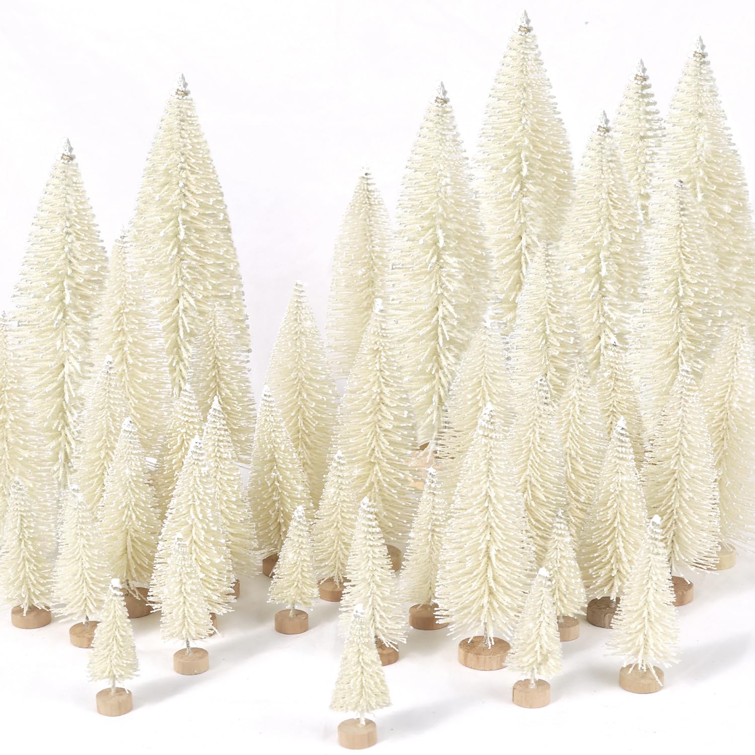 30Pcs Mini Christmas Trees Artificial Christmas Tree Bottle Brush Trees with Wooden Base for Christmas Decor Christmas Party Home Table Craft Decorations(Beige)