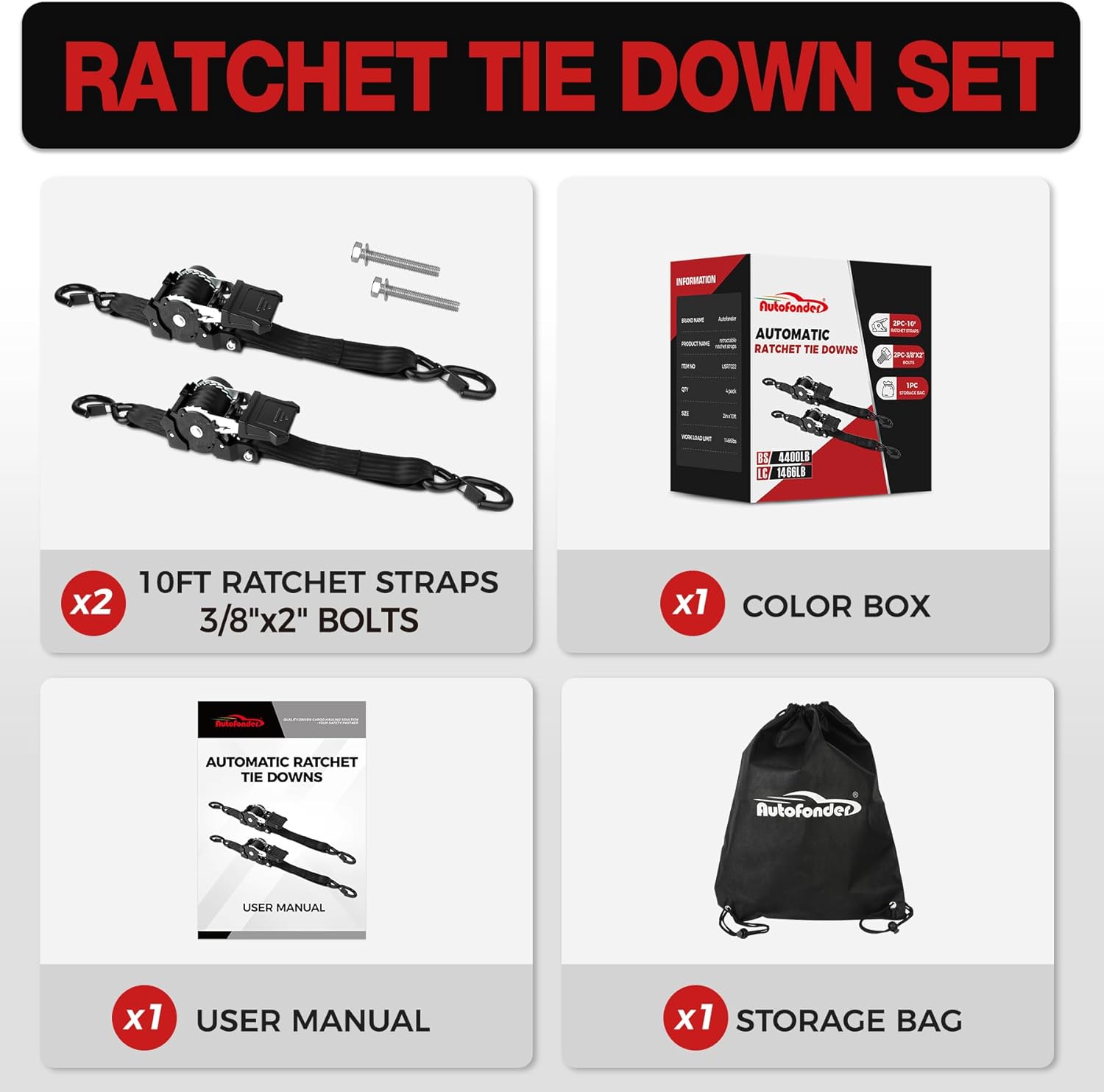 Retractable Ratchet Straps 2inch x 10ft Heavy Duty-4,400LBS Break Strength-Auto Retractable Boat Trailer Tie Down for Truck,Cargo Trailer,Motorcycle,Rad & More-Includes Bolts & Storage Bag