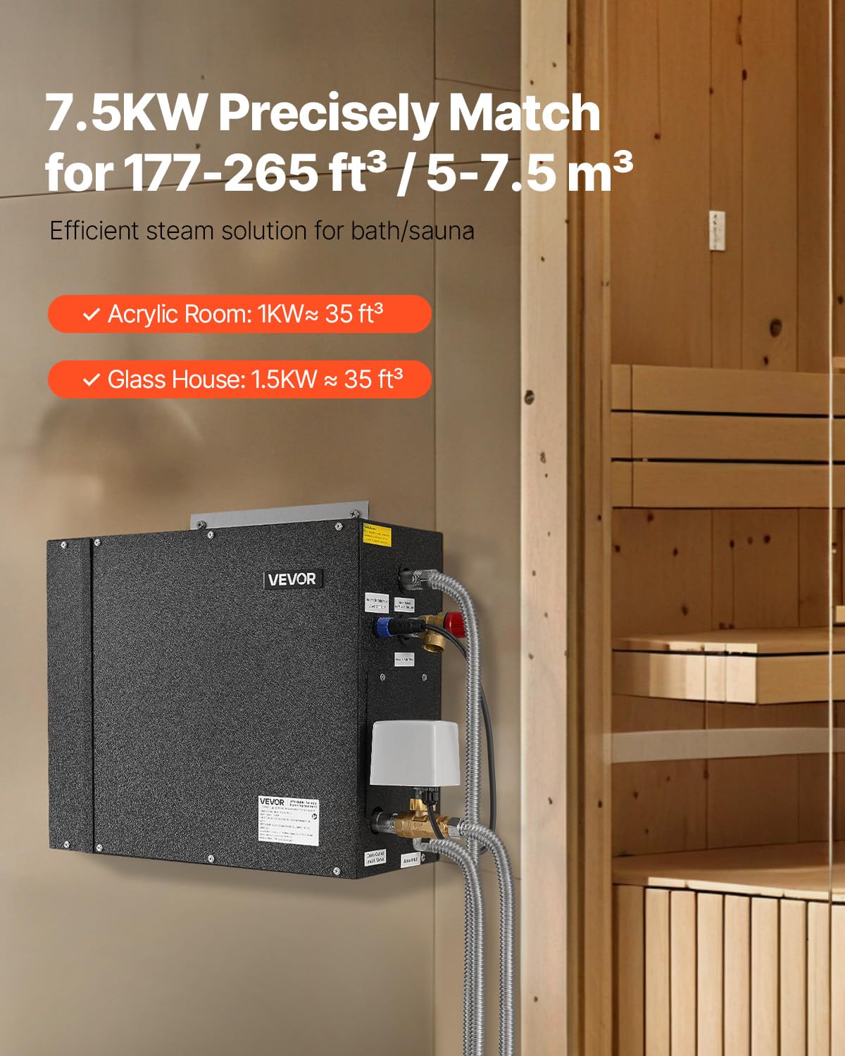 VEVOR Generador de Vapor 7,5 kW para Sauna, Ducha, Baño, Spa, con Controlador, Kit de Drenaje Automático, Protección contra Sobrecalentamiento, Funcionamiento en Seco, 485 x 185 x 380 mm, Negro