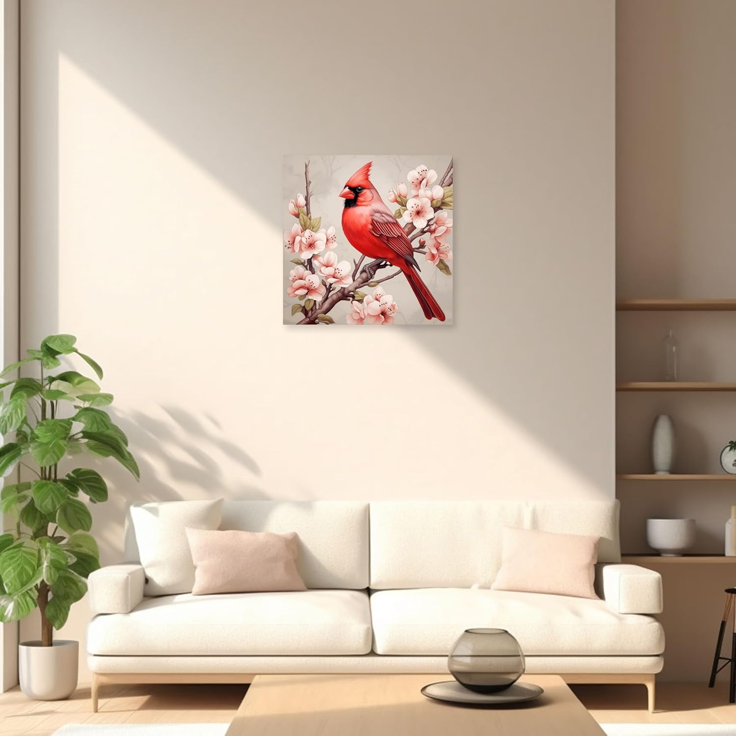 ARTZGX Red Birds Canvas Wall Art Cardinal on Tree Branch with Pink Flowers Painting Christmas Picture for Bedroom Decor Frame(Red Birds - A,12.00" x 12.00")