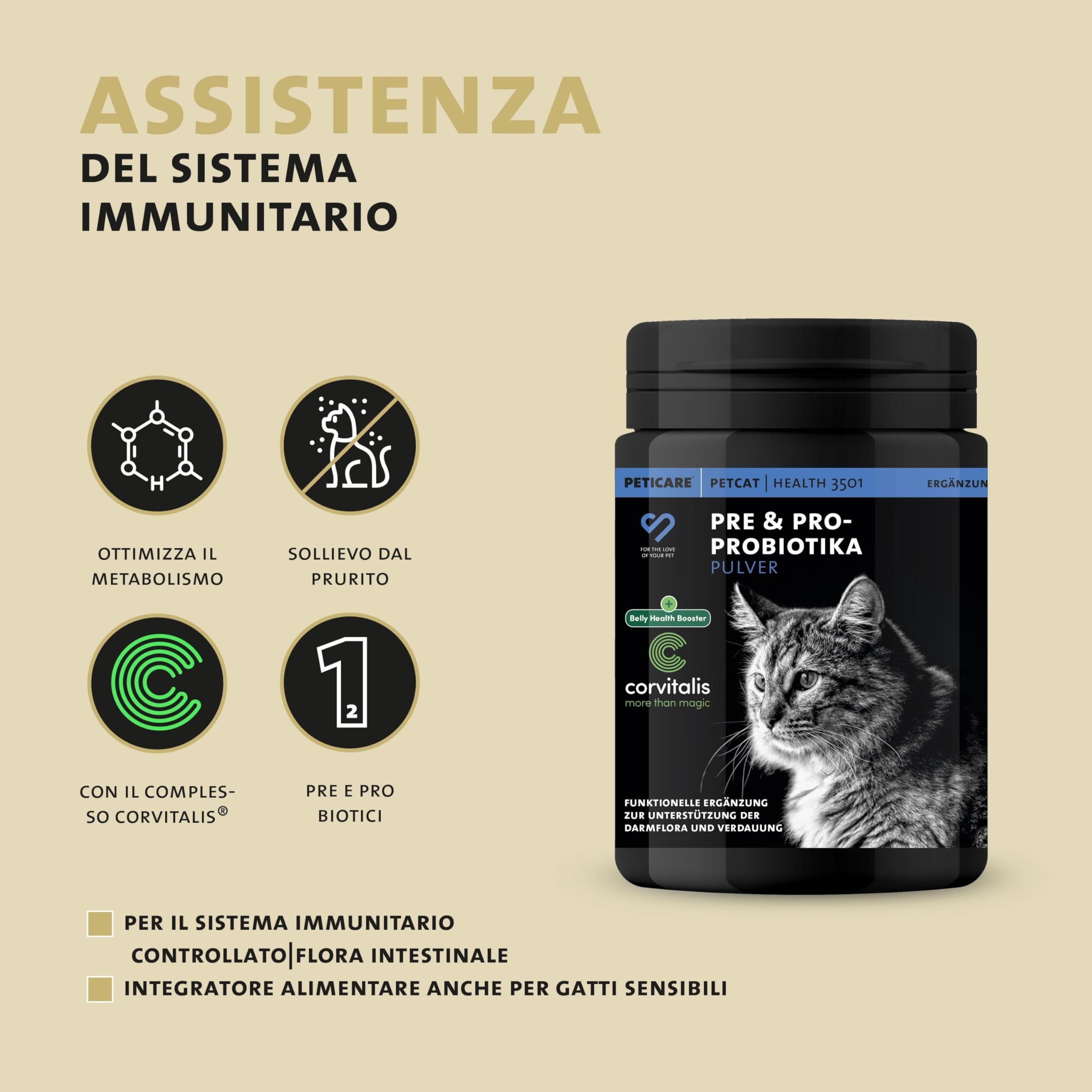 Peticare Polvere Flora Intestinale Gatti – Supporto Naturale per la Digestione – Con Probiotici e Prebiotici – Integratore Gastrointestinale