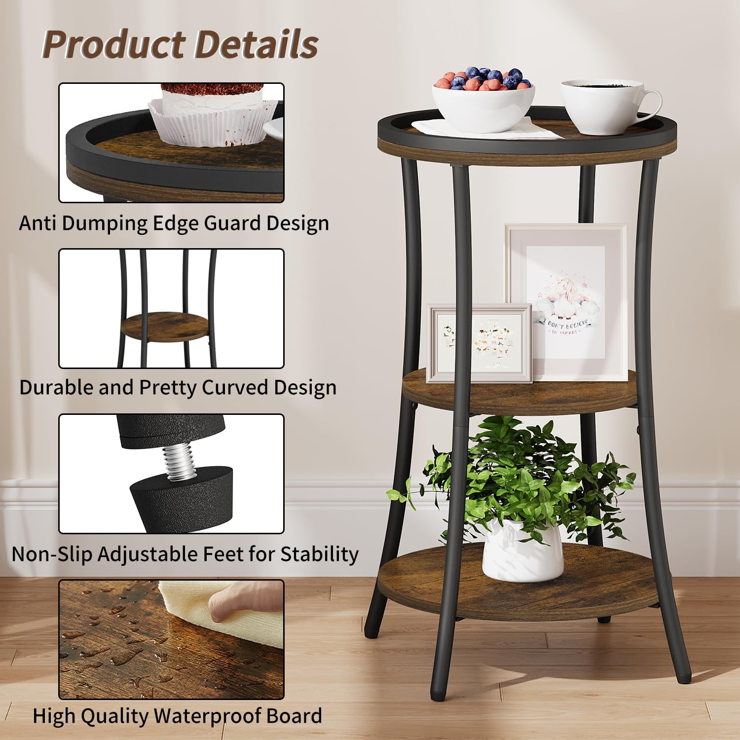 YINMIT Small Round Side Table, 3-Tier Wood End Table, Corner Accent Table