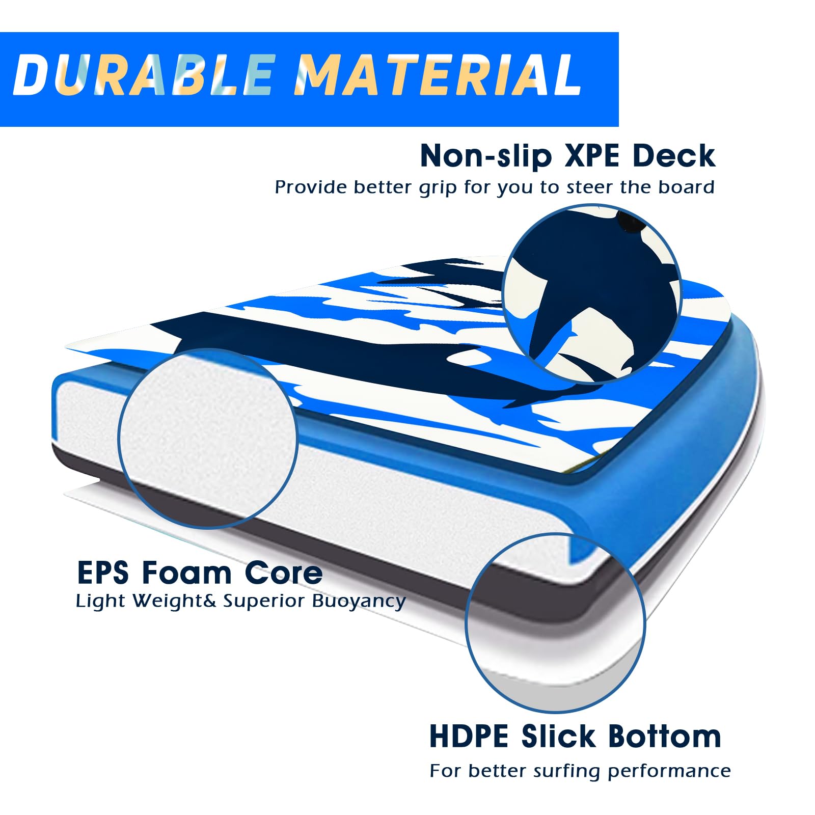 HOMASIS Bodyboard con Guinzaglio, Tavola da Surf in XPE & HDPE, Surfboard con Stampa di Squalo, Tavoletta da Surf Portatile per Bambini e Adulti, Blu