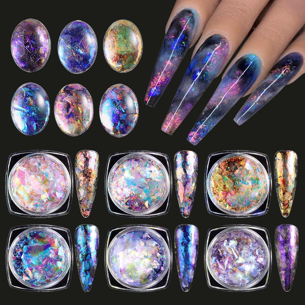 Holographic Opal Nail Art Glitter Flakes, 6 Colors Aurora Iridescent Pigment Powder Irregular Ice Crystal Mermaid Paillettes Sparkly Chunky Glitter Sequins for DIY Manicure Nail Decorations