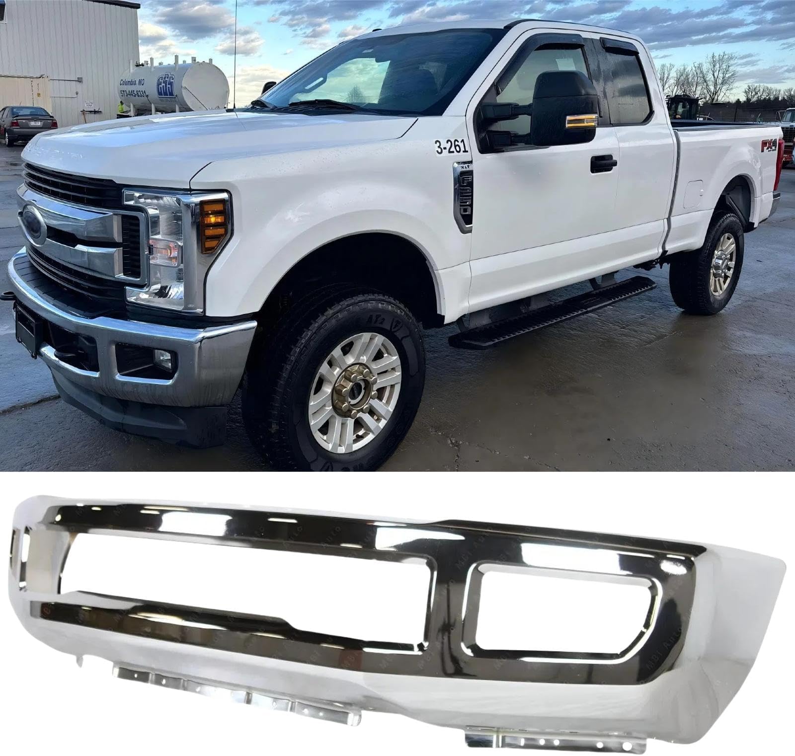 Front Bumper Compatible with Ford F250 F350 Super Duty 2017-2019, Chrome Truck Automotive Steel Replacement Bumpers Face Bar, with Fog Light Holes, without Sensor Holes (Style A)