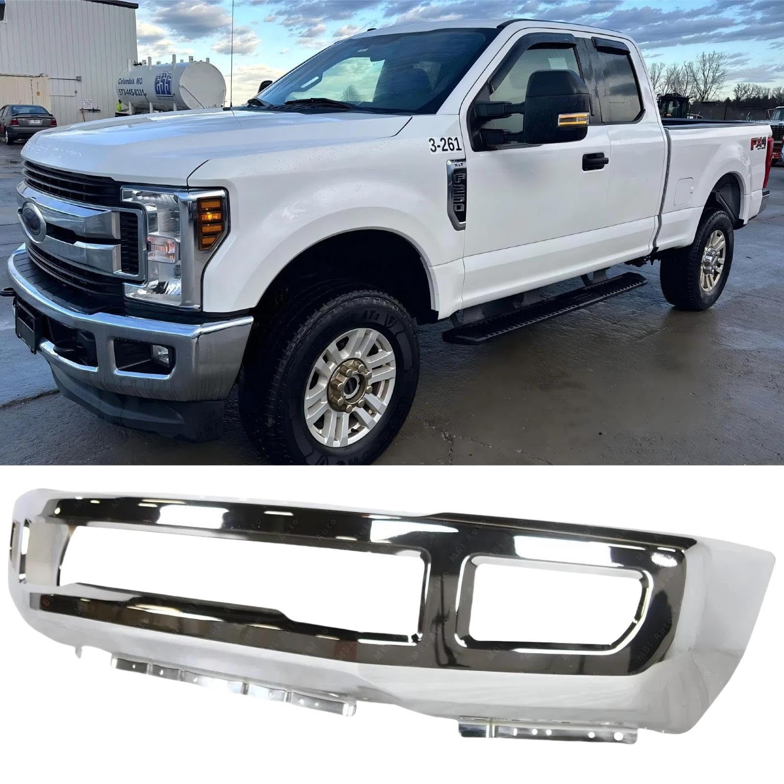Front Bumper Compatible with Ford F250 F350 Super Duty 2017-2019, Chrome Truck Automotive Steel Replacement Bumpers Face Bar, with Fog Light Holes, without Sensor Holes (Style A)