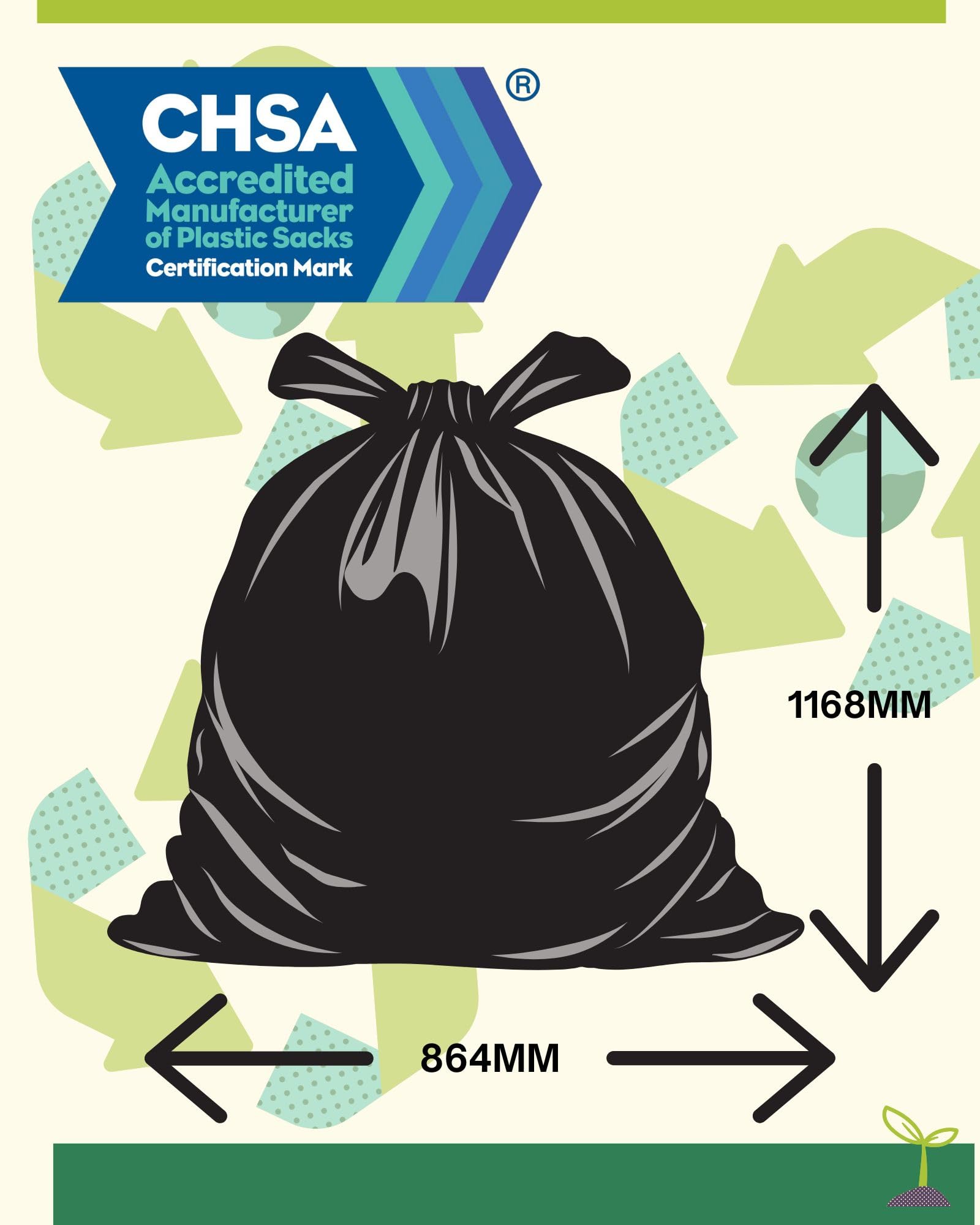Sacchetti per la spazzatura neri, 176 litri, 100 sacchetti, con chiusura a filo, certificazione CHSA di 15 kg, resistenti (864 x 1168 mm), 100% riciclati