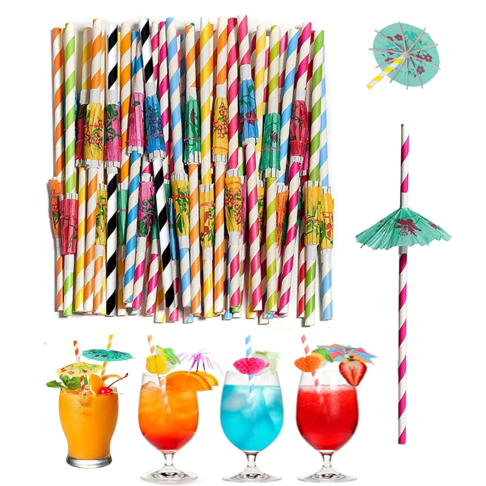 YOUYIKE® Cocktail Straws, Pack of 50 3D Pineapple Drinking Straws, Bendable Drinking Straws, Biodegradable Disposable Drinking Straws for Birthday, Wedding, Christmas, Celebration Parties (Umbrella)