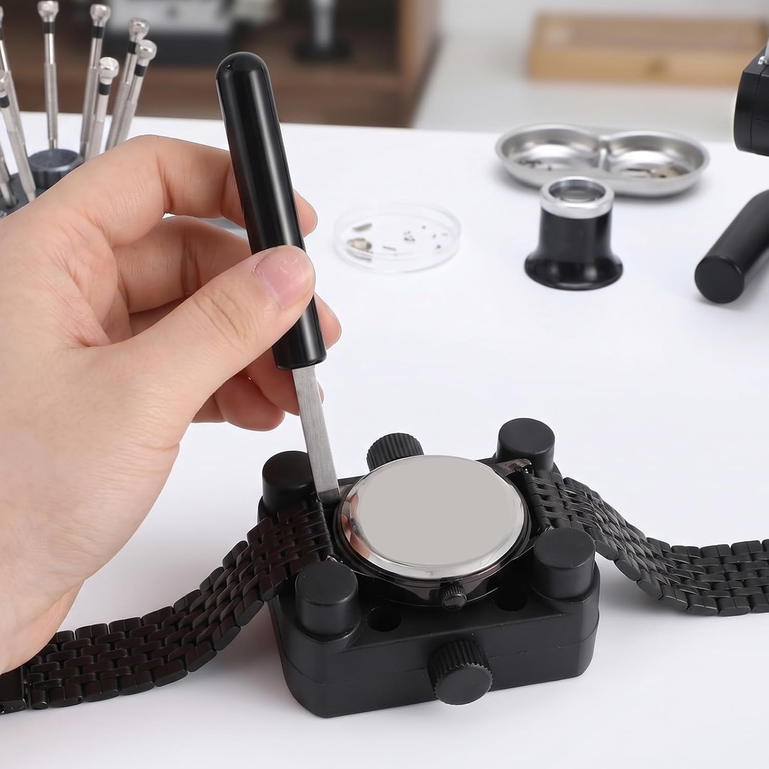 2 PCS Watch Back Removal Tool, Stainless Steel Watch Back Remover Tool Kit, Watch Battery Replacement Tool Kit with Pry Bar for Opening Watch Back Covers and Replacing Batteries
