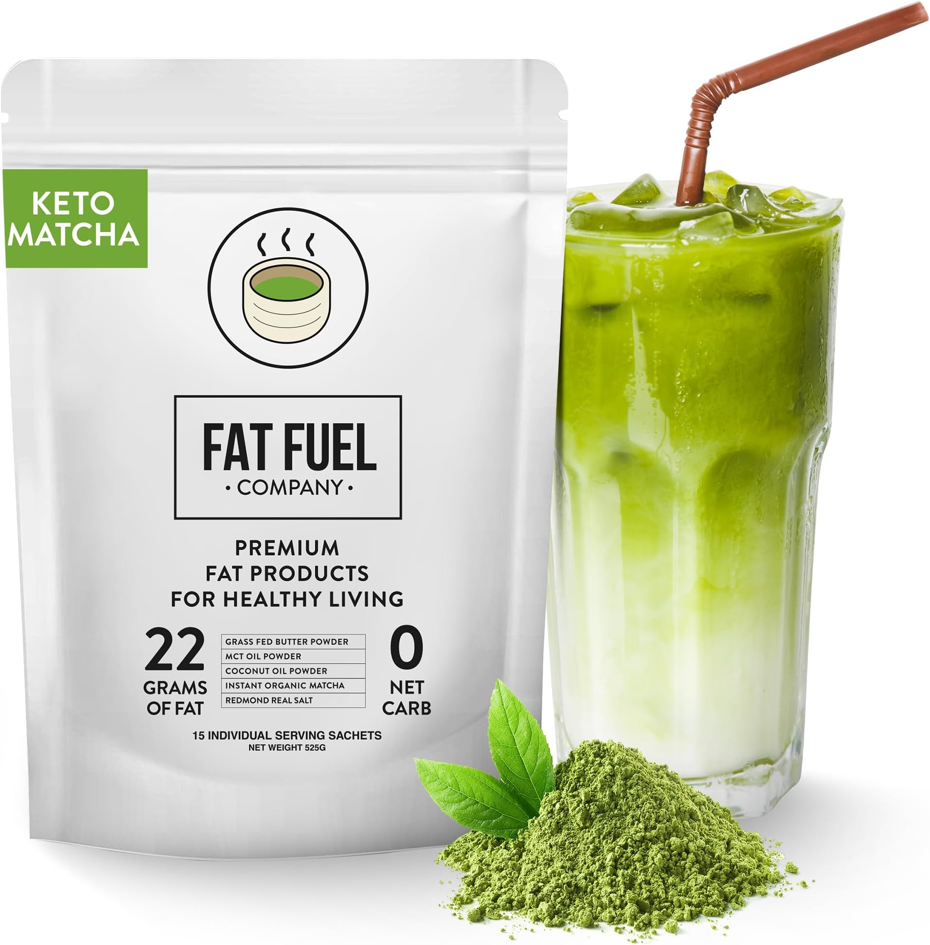 FAT FUEL Keto Matcha 22g Premium Fats - With Grass Fed Butter, MCT Oil, Coconut & Redmond Real Salt - Instant Organic Matcha, Zero Net Carb, A True Meal Replacement - 15 Servings