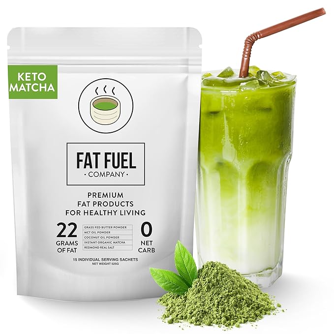 Fat Fuel Instant Keto Matcha Tea – a Complete Keto-Friendly Meal Replacement with MCT Oil, Coconut Oil, and Grass Fed Butter – Zero Carb, Gluten-free, and Organic (15 Servings)