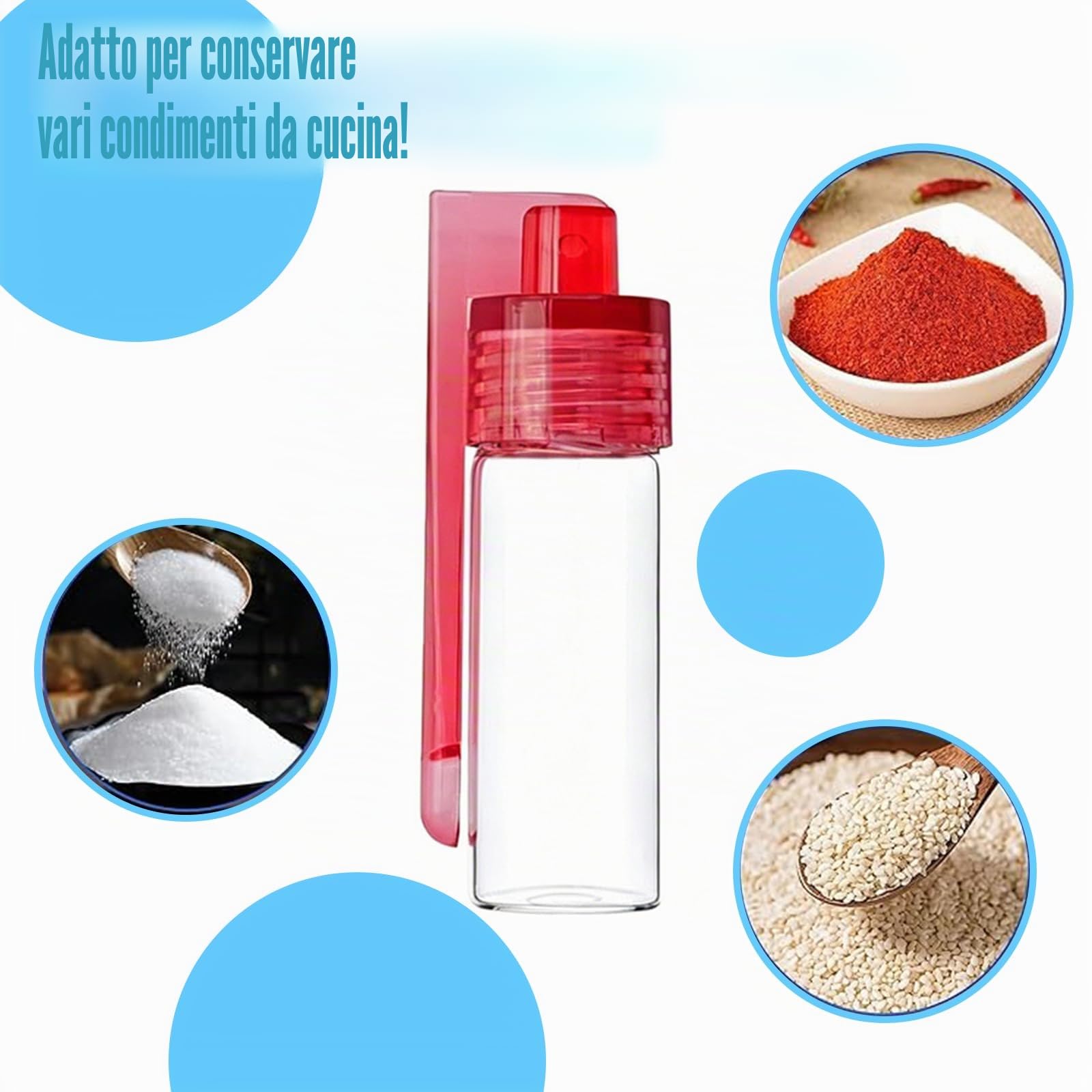 Barattoli Spezie Vetro 51ml, Barattoli per Spezie in Vetro, Set da 6 con Coperchio e Cucchiaio Dosatore, 2 Mini Imbuti, Contenitori Ermetici per Polvere, Snus, per Cucina, Campeggio e Viaggi