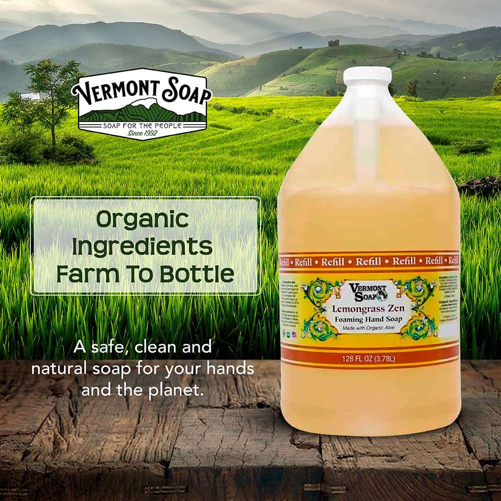 VERMONT SOAP Organics Foaming Hand Soap, Liquid Soap with Pre-diluted Formula - Ready to Use Lemongrass Hand Soap With Convenient and Economical Gallon Refill Size