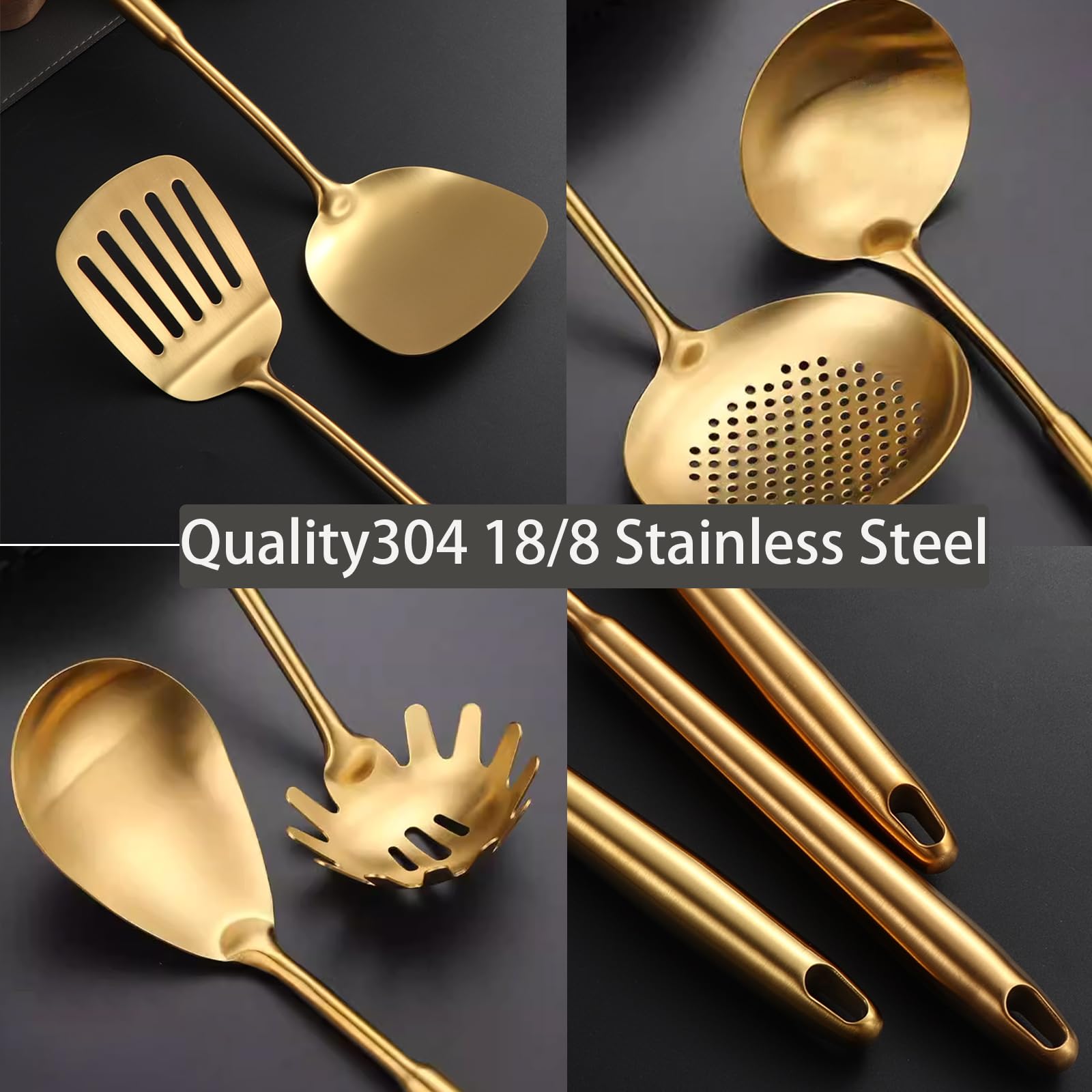 Set di utensili da cucina in acciaio inox, 10 pezzi, utensili da cucina dorati, schiacciapatate cucchiaio solido scanalato cucchiaio forchetta spatola mestolo schiumarola spatola scanalata Tunner