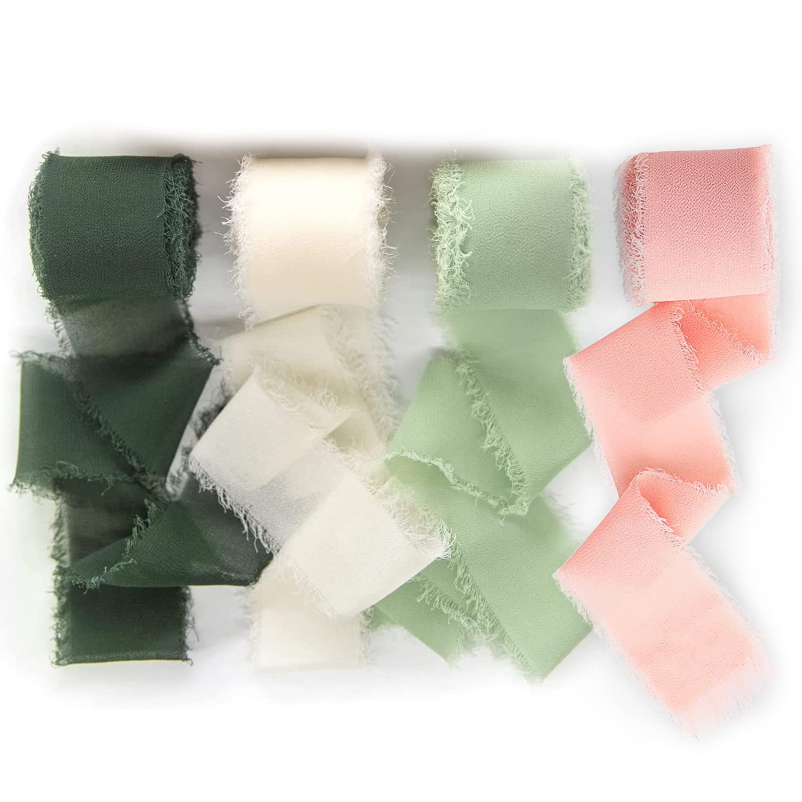4 Rolls Handmade Fringe Chiffon Silk Ribbon Gauze 1.5" x 5.4Yd(5 m) for Christmas Gifts Wrapping, Wedding Invitations, Birthday Valentine Gifts Wrapping, Flower Arrangement Decoration