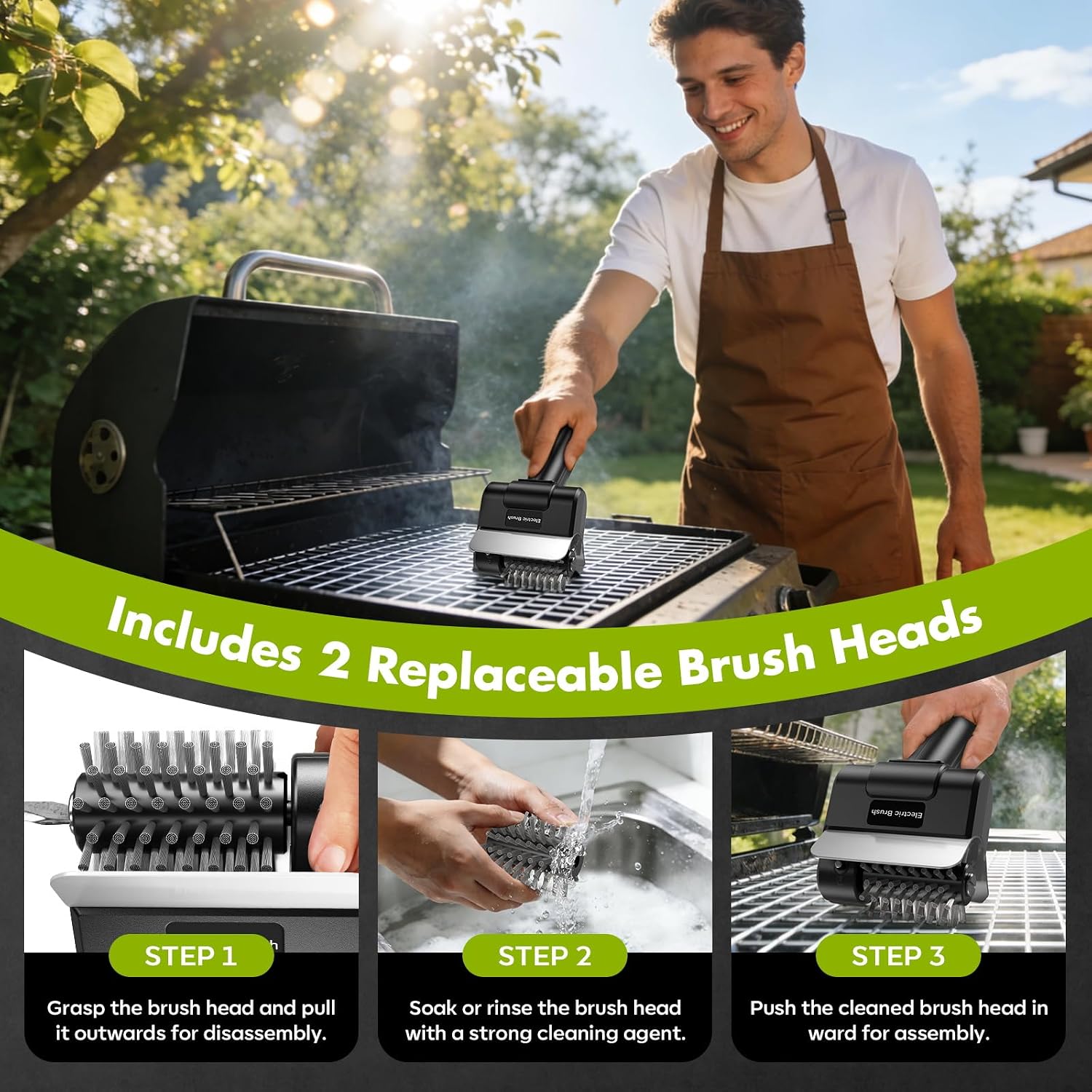 Electric Grill Brush, Rechargeable Electric Grill Cleaner 1500 RPM, 100-Min Runtime, Includes Replacement Brush, Safe for All Grills, BBQ Gift for Men